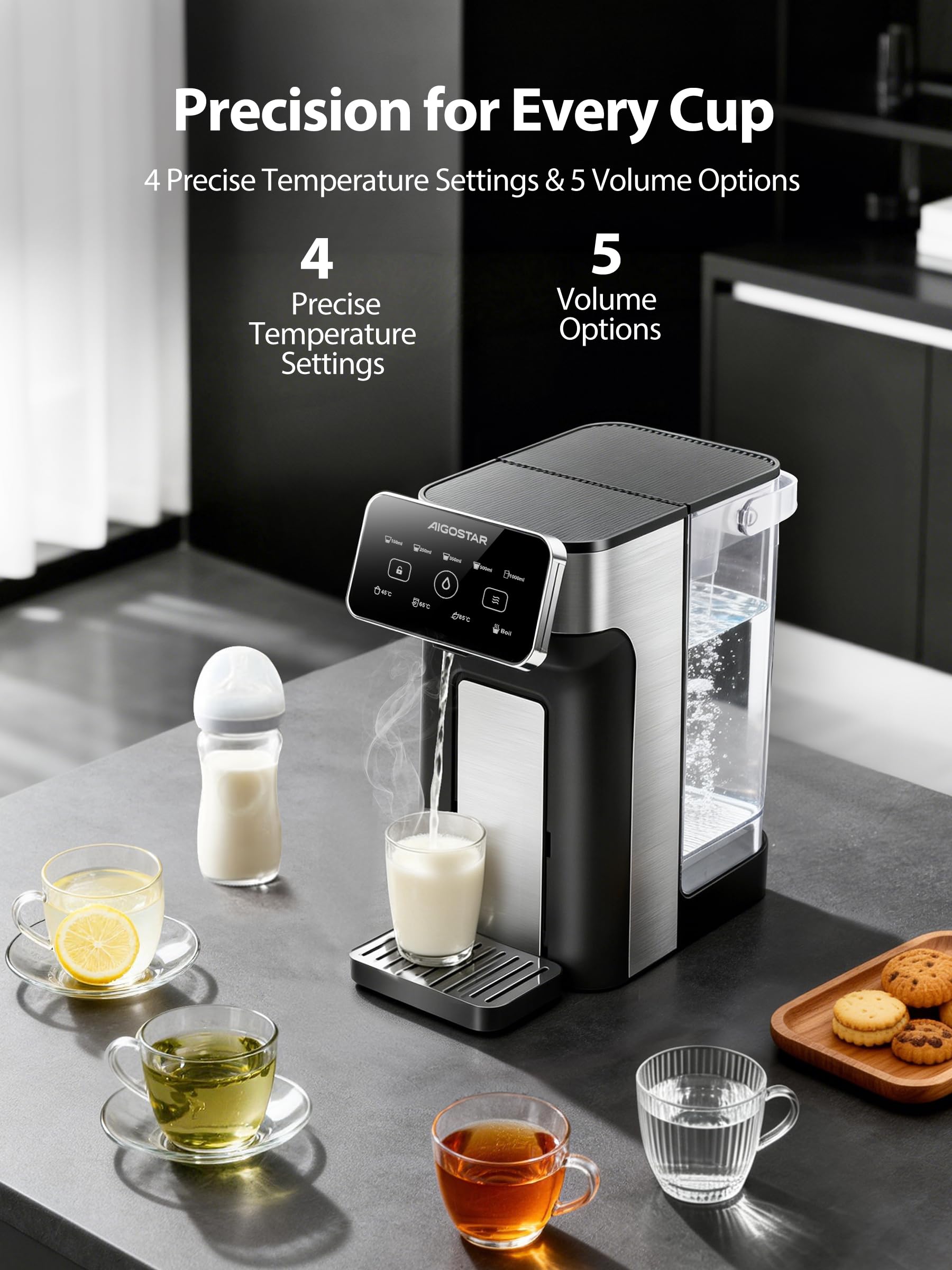 Aigostar - Distributeur d'Eau Chaude Instantané 3L Inox, Eau Chaude en 3 Secondes, 4 Températures Réglables 45-100°C, 5 Volumes 100-1000ml, Écran Tactile, Plateau Réglable en Hauteur, Sécurité Enfant