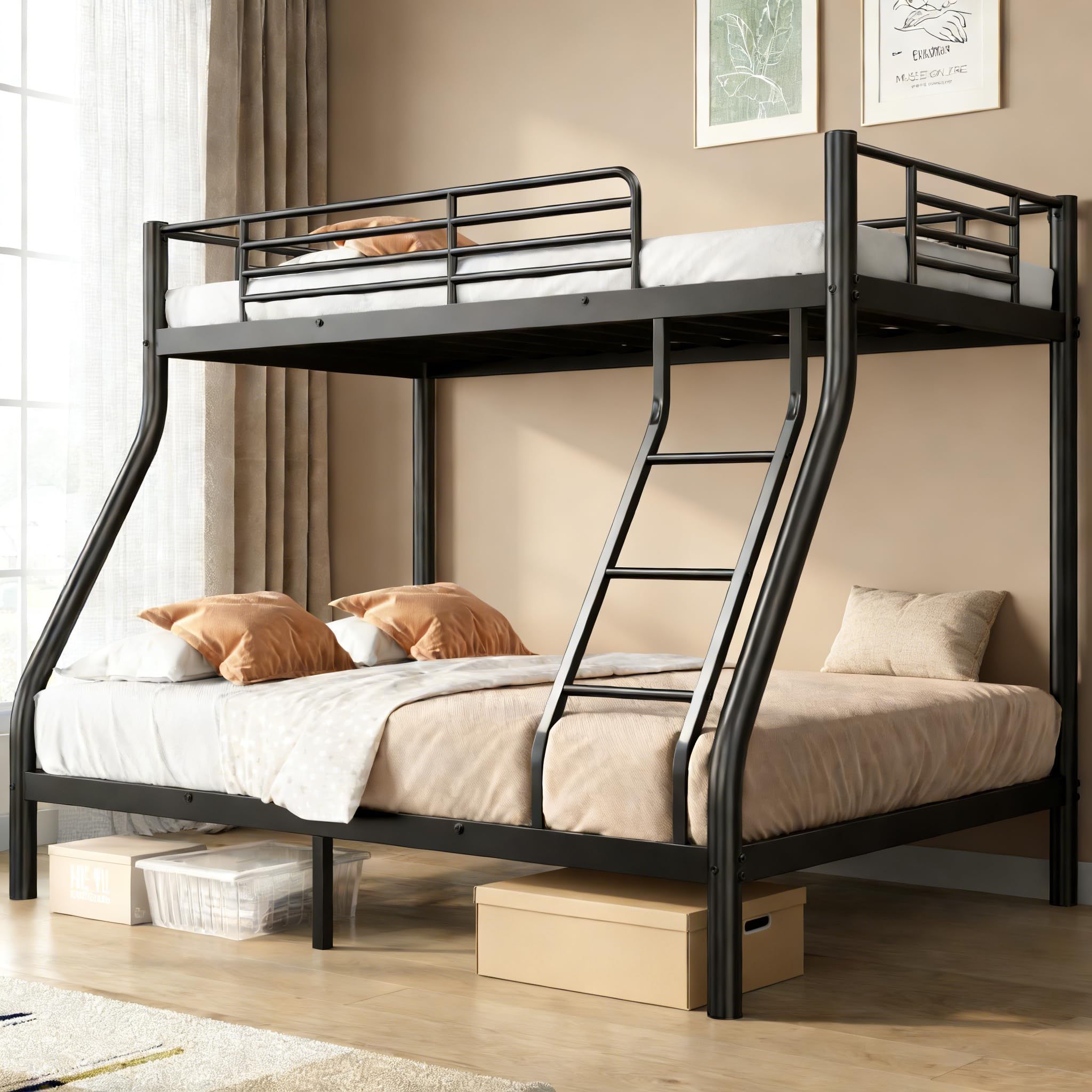 soges Twin Over Full Bunk Bed, Metal Bunk Beds with Ladder & Guardrail - Heavy Duty for Adults, Space Saving, No Box Spring Needed, Ideal for Dorms and Small Rooms, Black