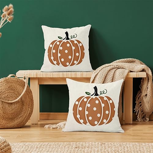 Miniatura 3 de Juego de 2 fundas de almohada de otoño de 20 x 20 pulgadas, diseño de calabaza con lunares naranjas, decoración de otoño, Acción de Gracias, para
