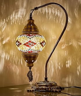 DEMMEX Turkish Moroccan Mosaic Table Lamp–Handcrafted Tiffany-Style Colorful Glass Swan Neck Bedside, Desk Light, Boho Artisan Accent Lighting for Bedroom, Living Room–38cm H, Black-Brown