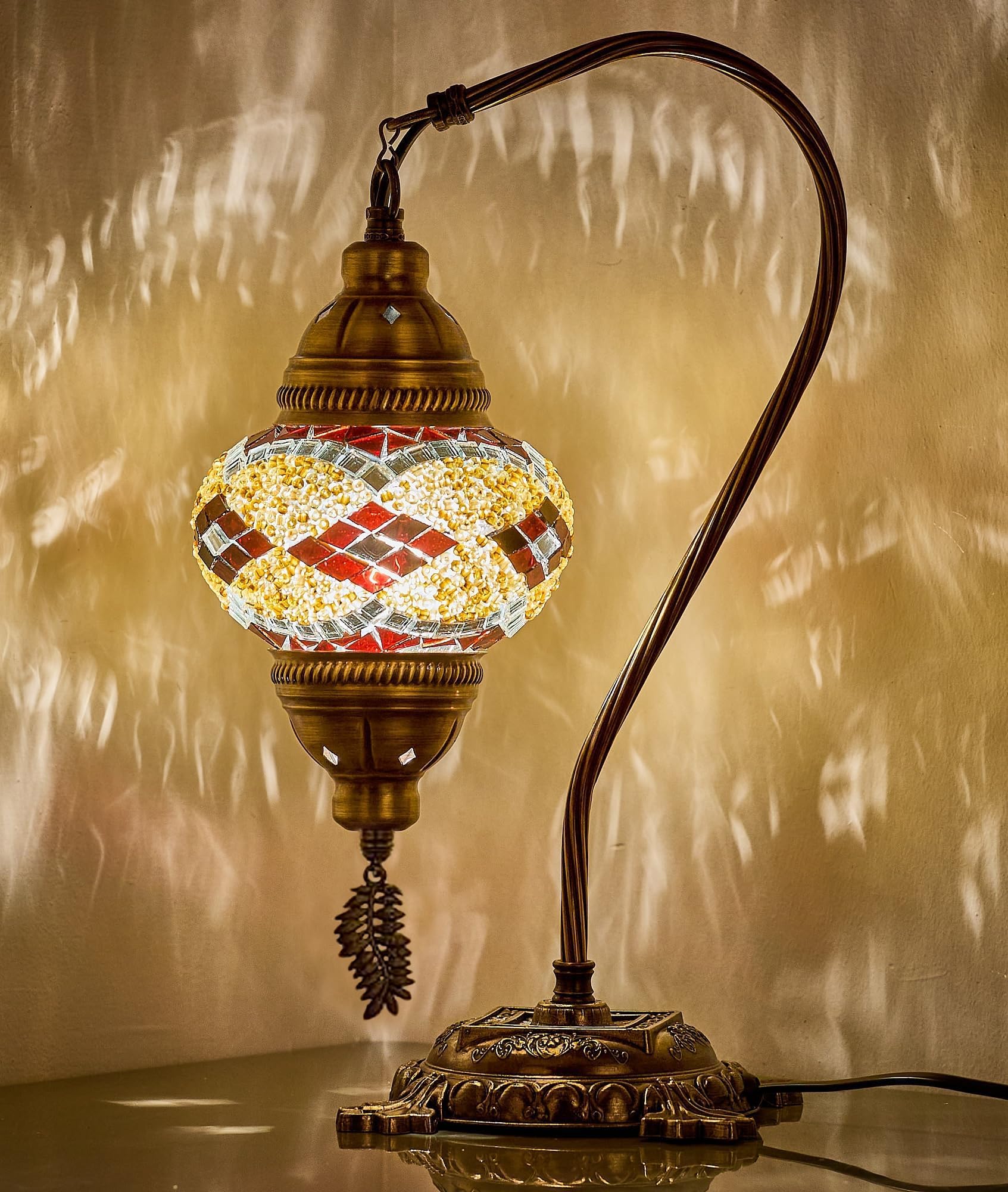 DEMMEX Turkish Moroccan Mosaic Table Lamp–Handcrafted Tiffany-Style Colorful Glass Swan Neck Bedside, Desk Light, Boho Artisan Accent Lighting for Bedroom, Living Room–38cm H, Black-Brown