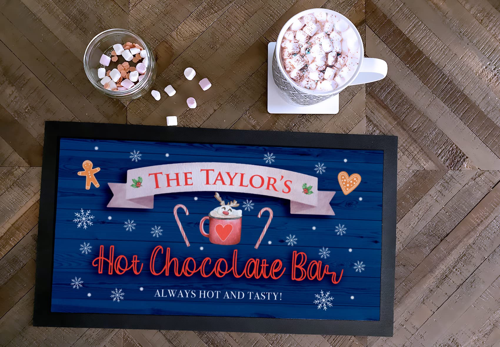 Personalised Hot Chocolate Bar mat- Christmas Drinks Blue bar Runner mat, hot Cocoa Station