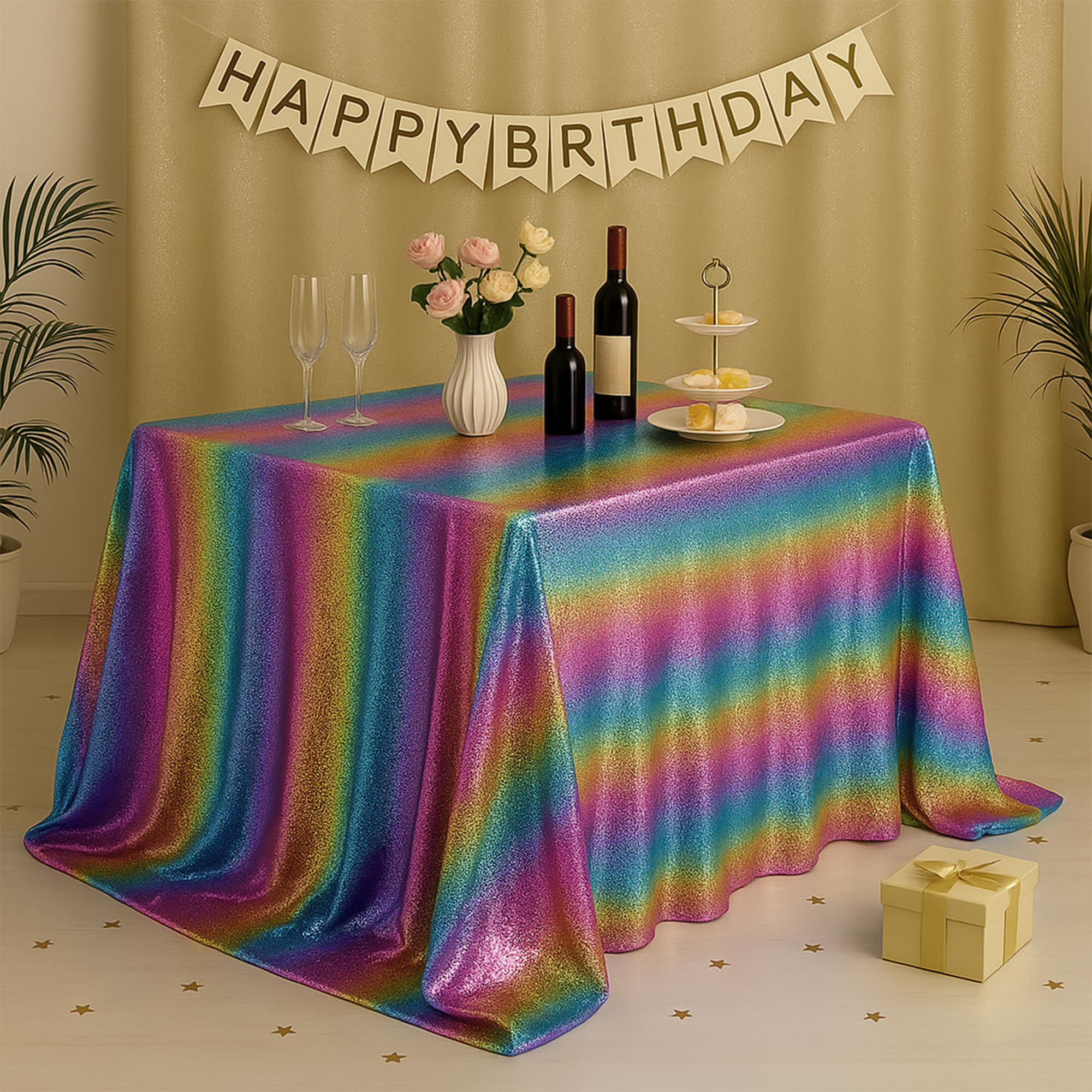 Trimming Shop 1pc Rainbow Sequin Tablecloth 70" x 70" Square Shiny Sequin Sparkly Tablecover for Parties Wedding Reception Banquets Birthday Baby Shower Festival Ceremony Cake Dessert Tablecloth — image 1