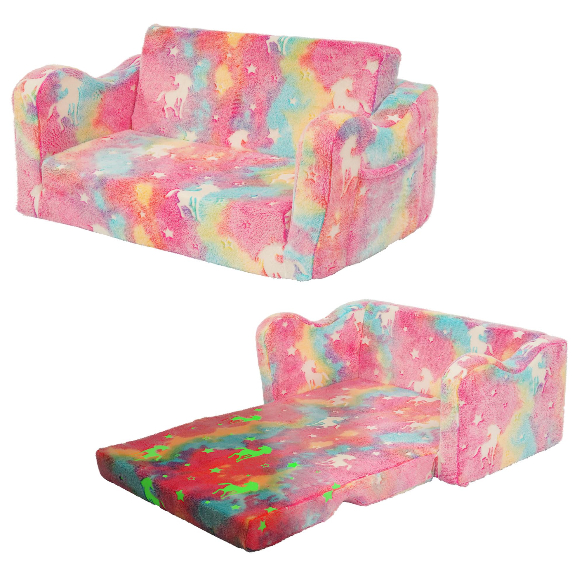 Elevon Wider Seating Toddler Couch, 2-in-1 Sofa Soft Chair for Boys Girls, Flip Open Convertible Sleeper for Playroom, Glowing Rainbow