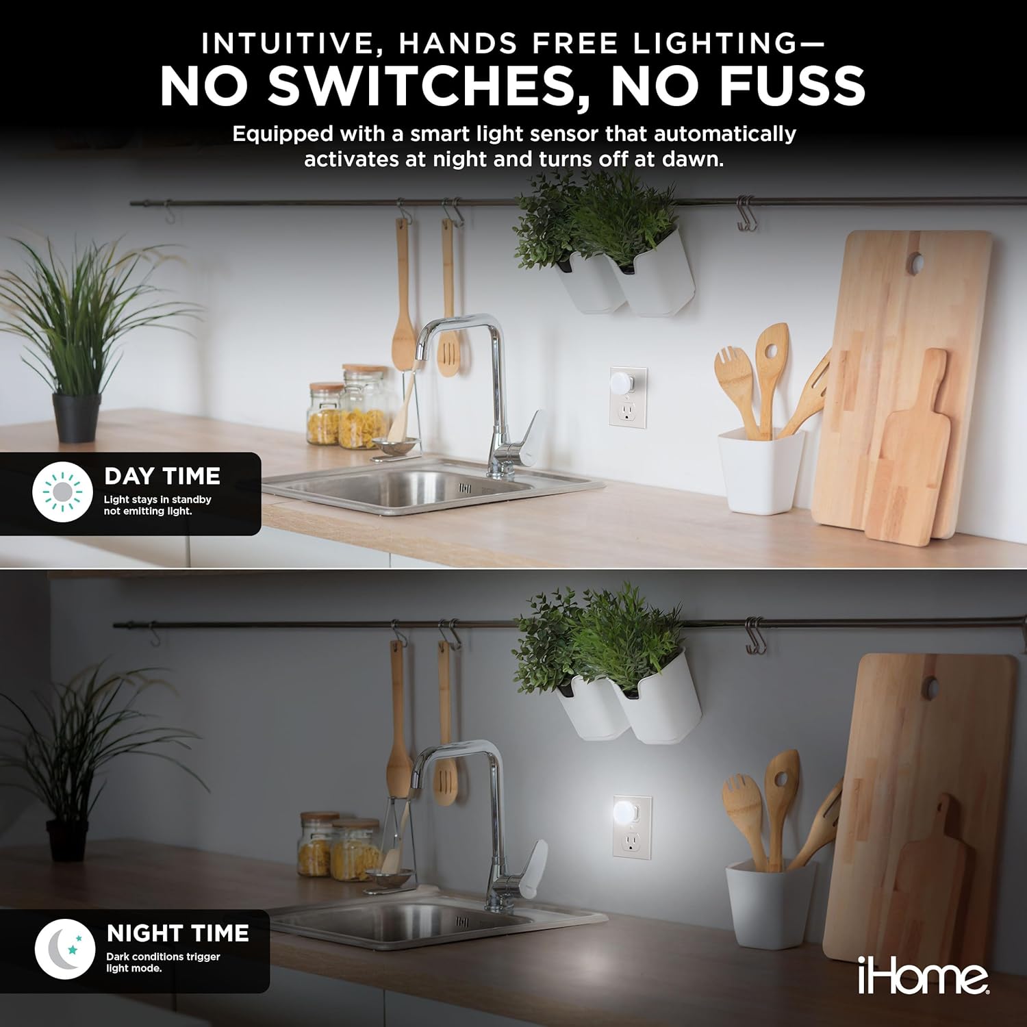 Comparison of iHome LED Night Light in a kitchen during daytime (off) and nighttime (on).