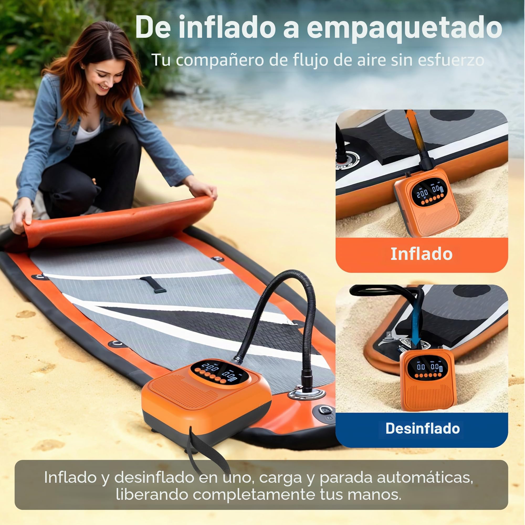Bomba Eléctrica 20 PSI para Sup - Bomba Inteligente Recargable con Conector 12V, Inflado/Desinflado con Parada Automática - para Paddle, Kayak, Carpas, Colchonetas de Aire, Juguetes de Piscina