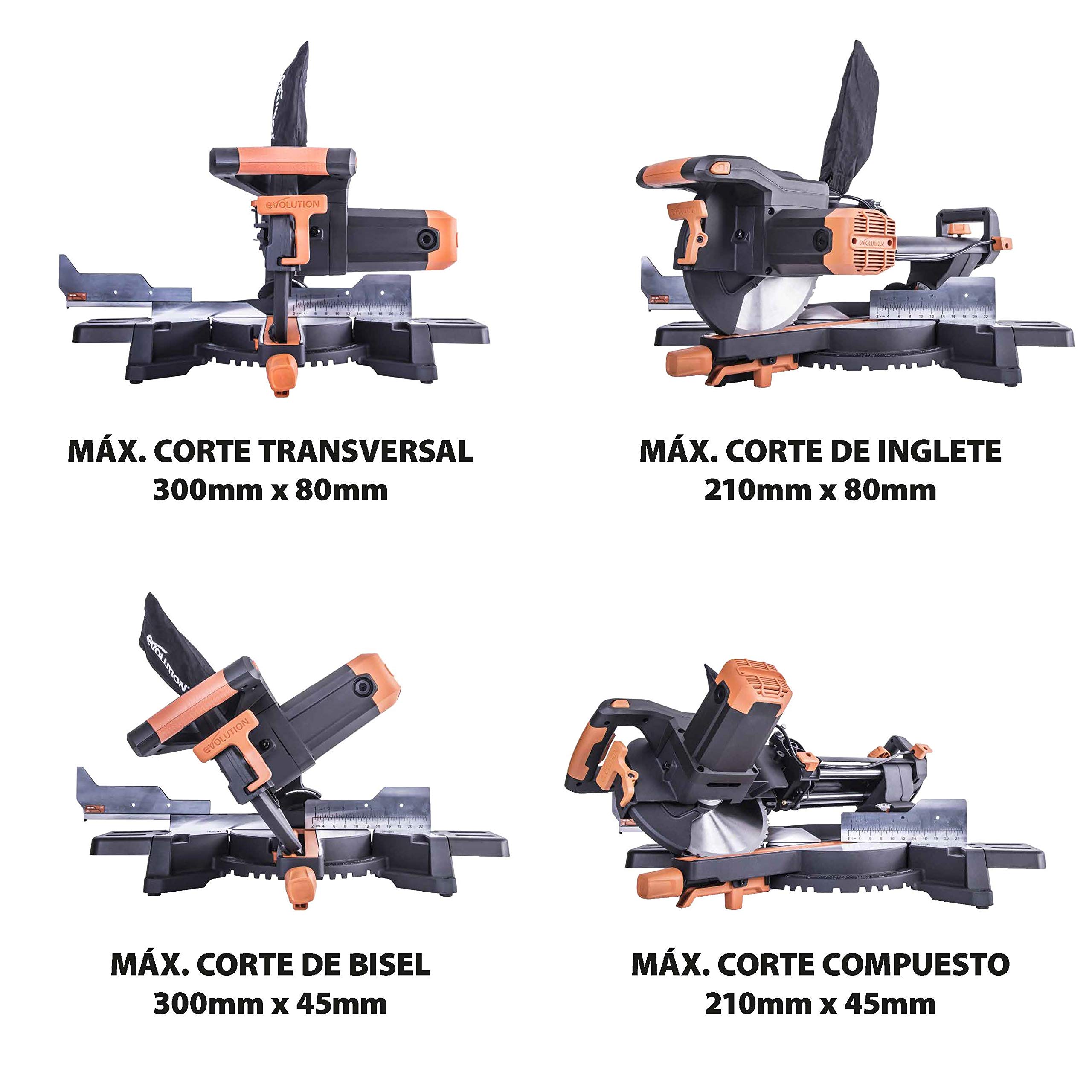 Evolution Power Tools R255SMS Sierra ingletadora Deslizante multimaterial, con Paquete Plus, Corta acero dulce, aluminio, plástico, madera con clavos incrustados 230 V, 255 mm