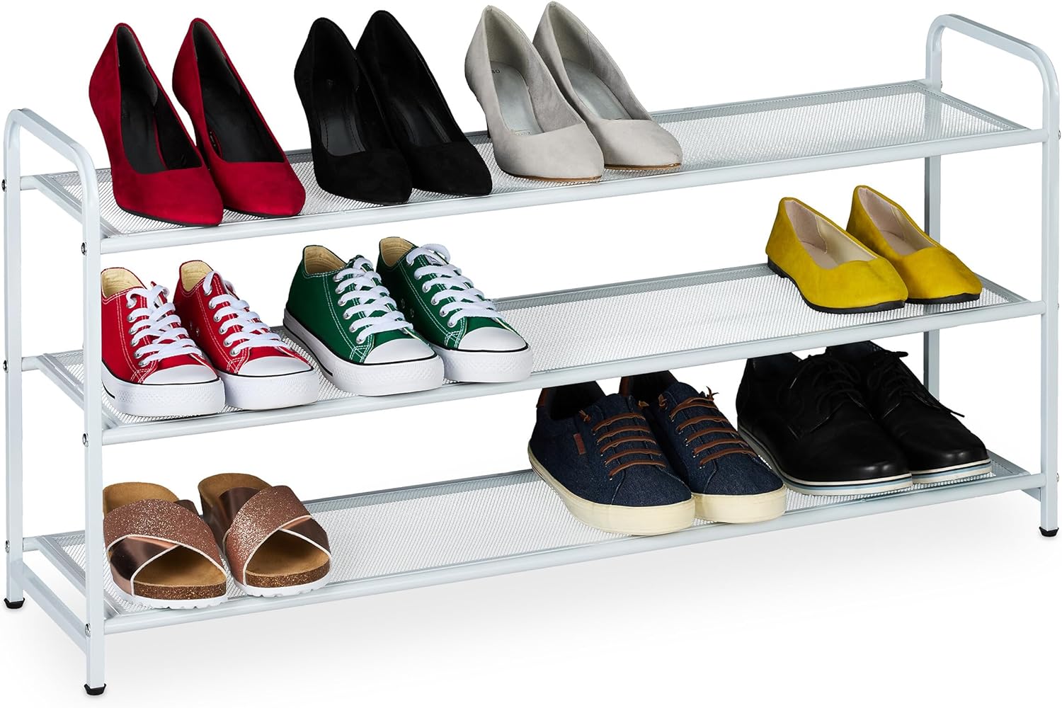 Relaxdays Shoe Rack 12 Pairs of Shoes 3 Shelves H 48 x W 100 x D 25.5 cm Metal Narrow Shoe Rack Hallway White
