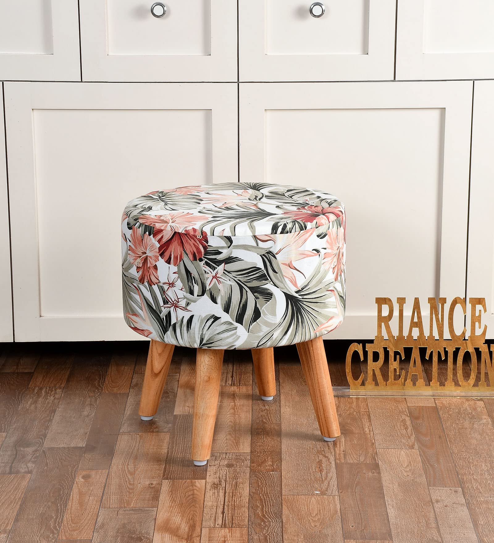 RIANCE CREATIONS Ottoman Pouffes Seating Stool for Living Room | Handcrafted Stool with Cushion for Bedroom Puffy Furniture 16X16X17 Inch (Flower Brown)