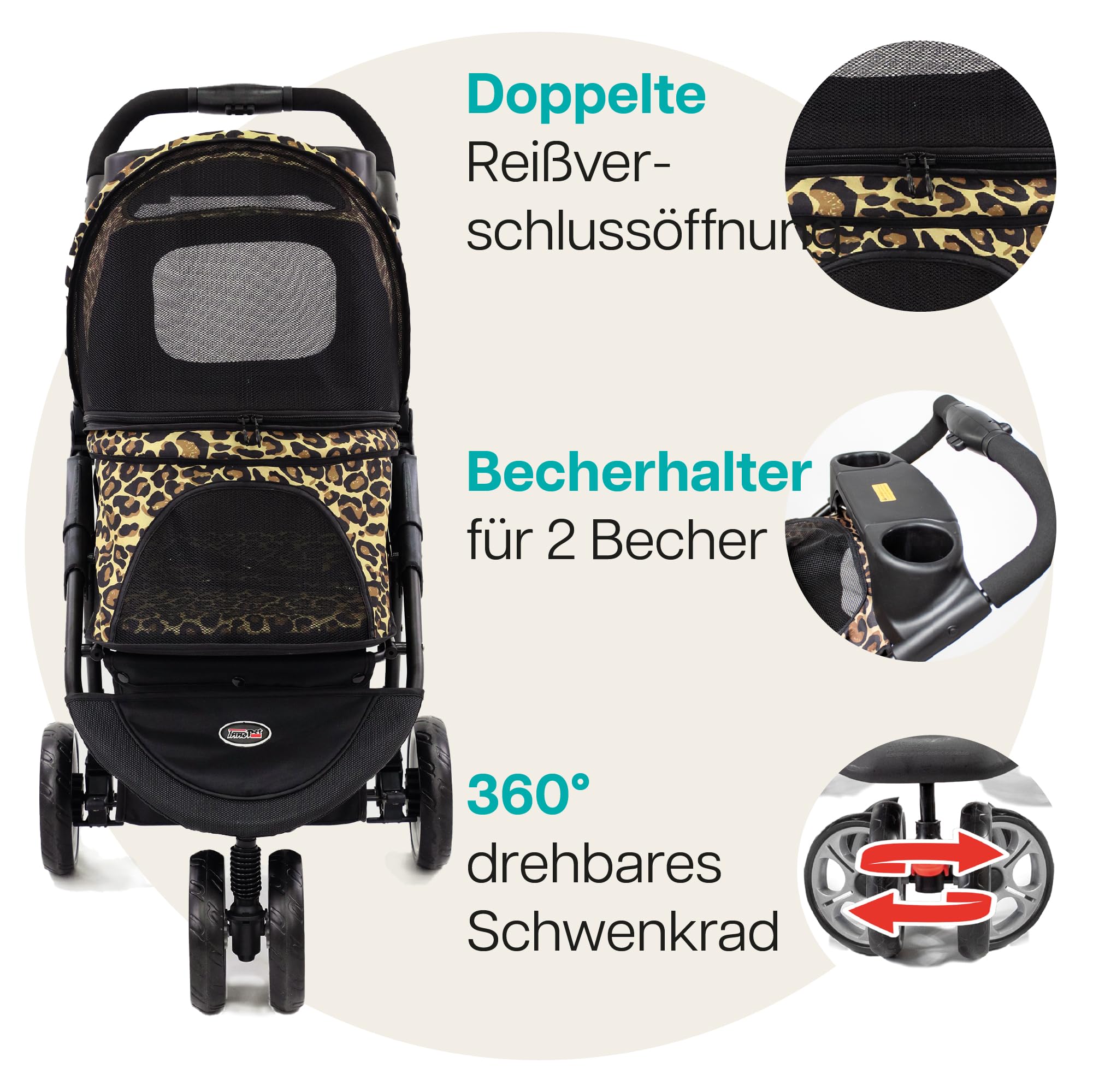 Hundebuggy Katzenbuggy für Reisen - Innopet Allure Cheetah – exklusiver Hundewagen mit Leopardenmuster, einhändig faltbar, mit Aufbewahrungskorb, 2 Sicherheitsleinen, pannensichere Räder – Hundewagen