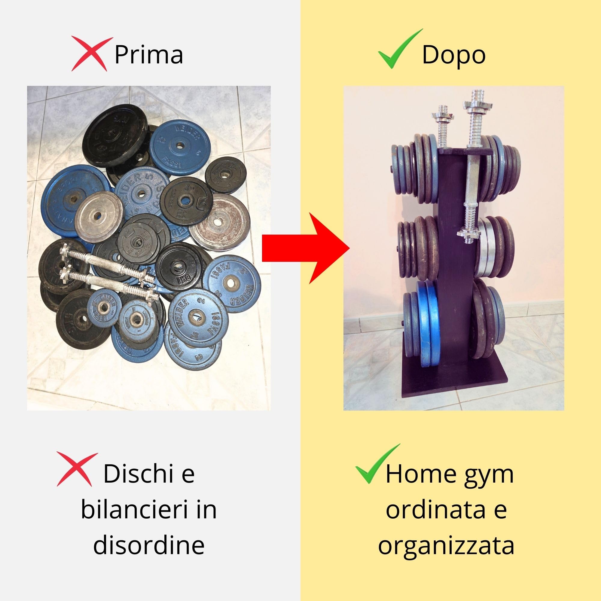 Porta Dischi Palestra Casa in LEGNO con Supporto Manubri | Porta Pesi Home Gym Compatto e Robusto | Supporto Dischi Bilanciere | Rastrelliera Pesi Arriva Già Montata | Portata 160 KG.