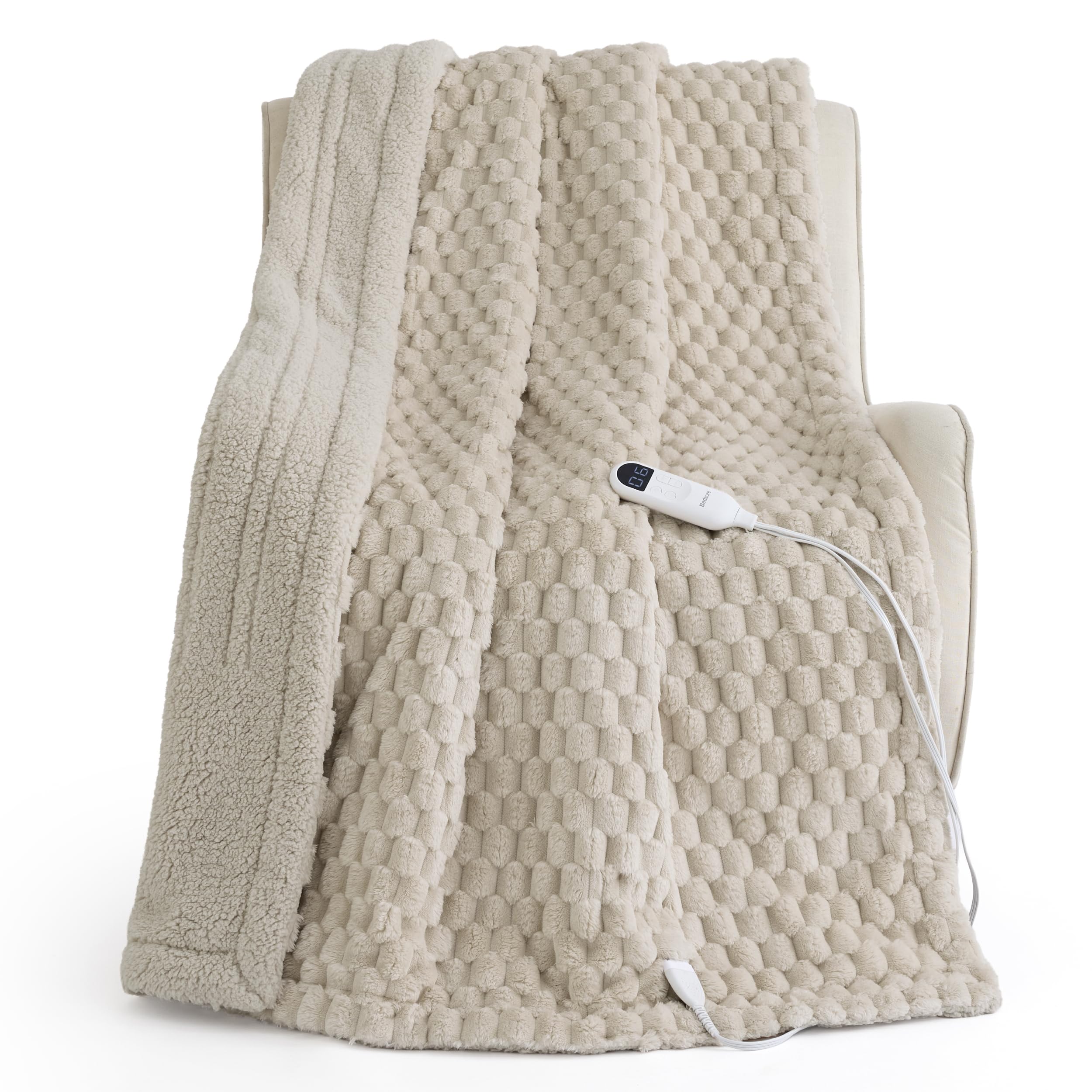 Bedsure Heated Blanket Throw XL, Light Brown Bubble Shaped Electric Blanket