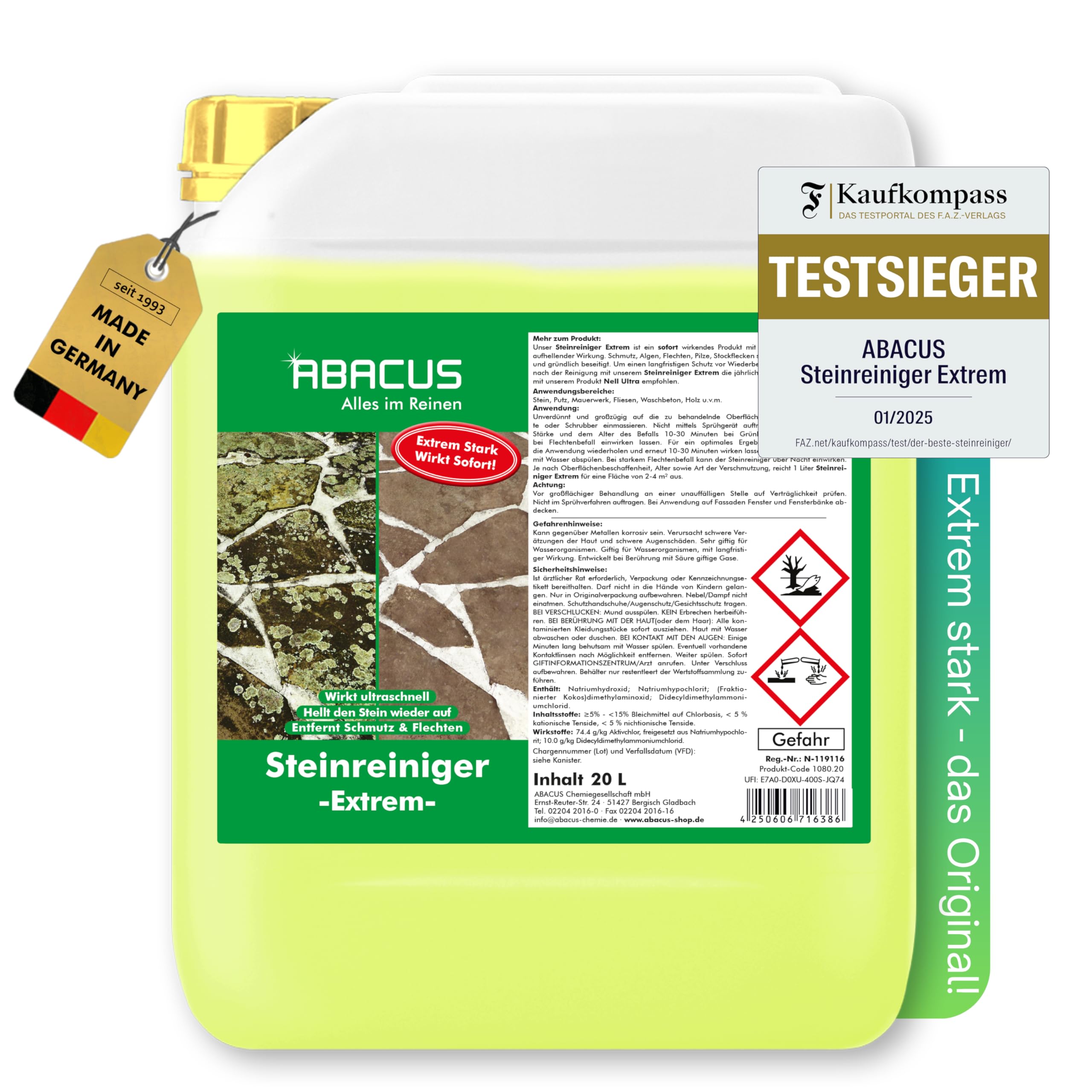 ABACUS® Steinreiniger Extrem 20 Liter, intensiver Steinreiniger für außen mit Sofortwirkung, entfernt sofort Schmutz, Grünbelag, Flechten & Algen auf und Stein in Minuten, Steinreiniger Intensiv außen