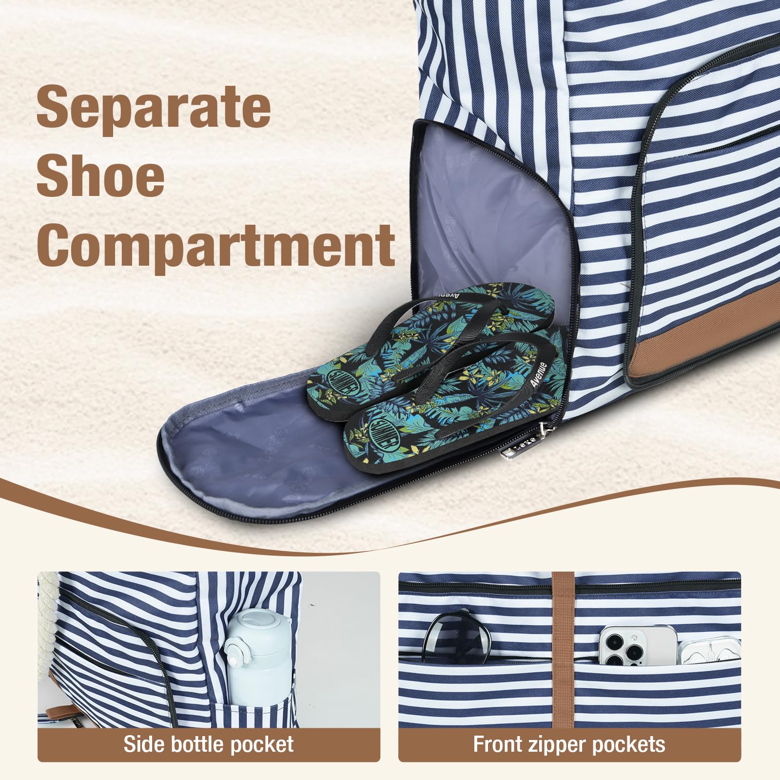 Lekespring Borsa Spiaggia Donna Pieghevole, Borsa Mare Grande XXL Famiglia con Scomparto Scarpe Separato, Impermeabile Shopping Borsa Tote Bag con Cerniera per Spiaggia Viaggio Sportiva, Strisce