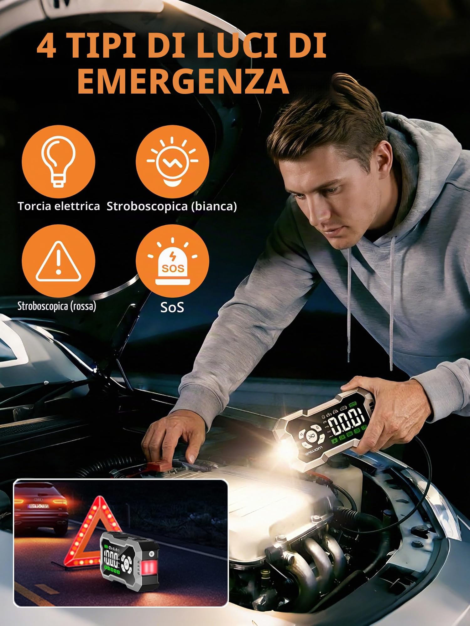 LUCKYDUO Avviatore 8000A con Compressore 160PSI, 20000mAh | Avviatore 2-in-1 con compressore 160PSI, 8000A, 4 modalità, display LCD, 20000mAh, torcia LED 4 modalità, kit completo