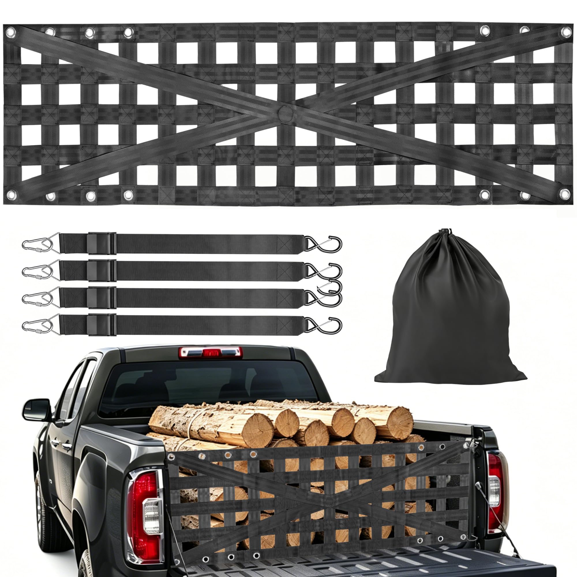 Strapazierfähiges Heckklappennetz für Pickup-LKW-Bett, 152,4 x 45,7 cm, mit 4 verstellbaren Schnallenriemen, langlebiges Heckklappen-Gepäcknetz für Anhänger, Pickup, Boot, Jeep, SUV