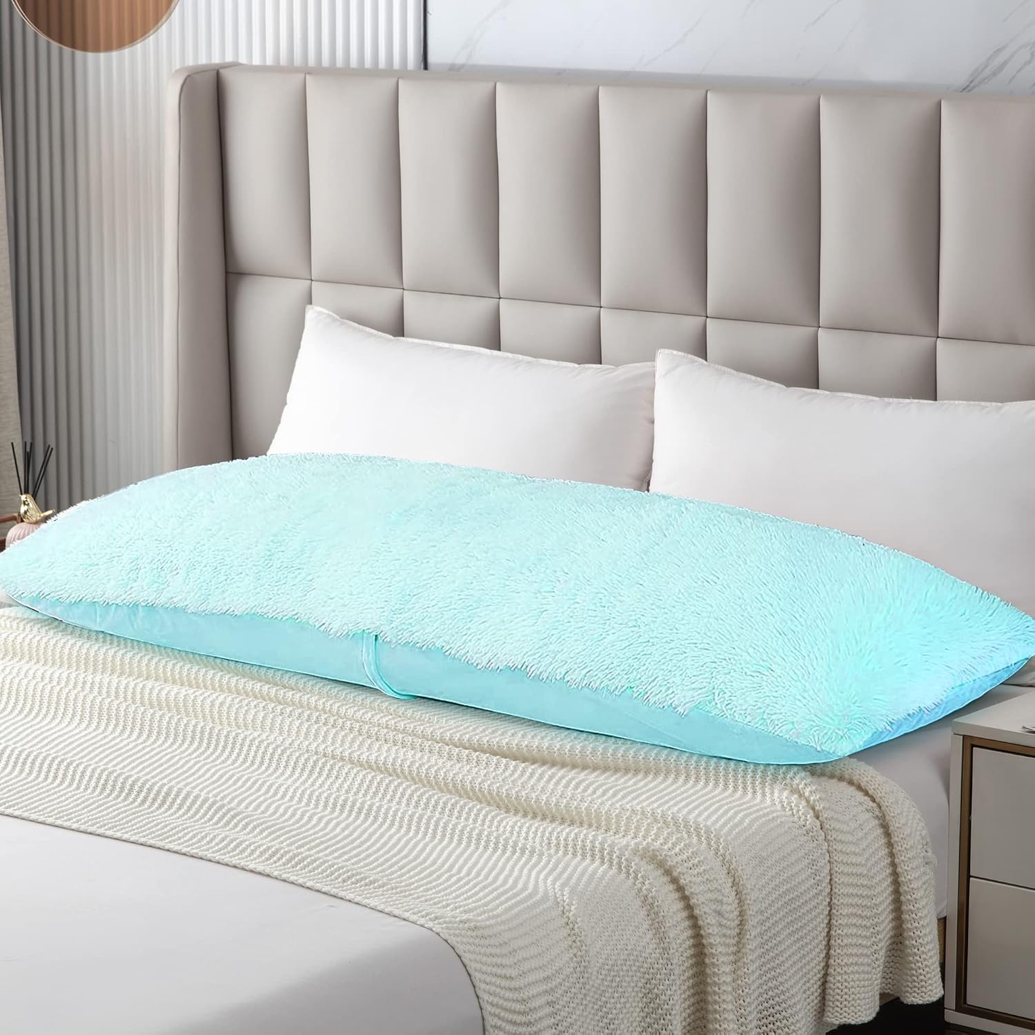 Body Pillow Cover with Zipper, 21x54 Shaggy Faux Fur Pillow Case, Luxury Fluffy Plush Soft Pillowcase for Kids Girls Women Adult Side Sleepers-Aqua Blue