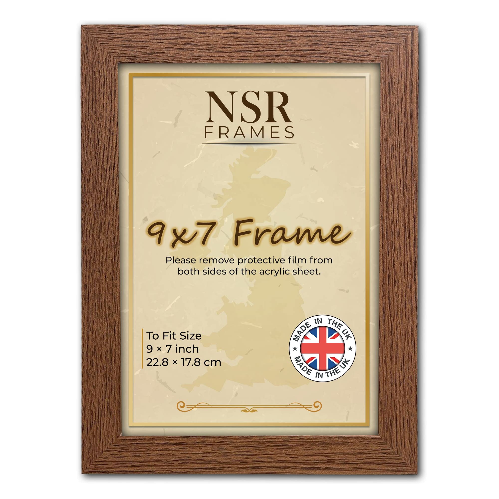 NSR 9 x 7 Inch Dark Oak Picture Photo Frame (22.8 x 17.8 cm) - Flat Wall Mount Hang Hooks & Free Tabletop Stand Poster Frame MDF Wooden Portrait/Panoramic Clear Acrylic Display