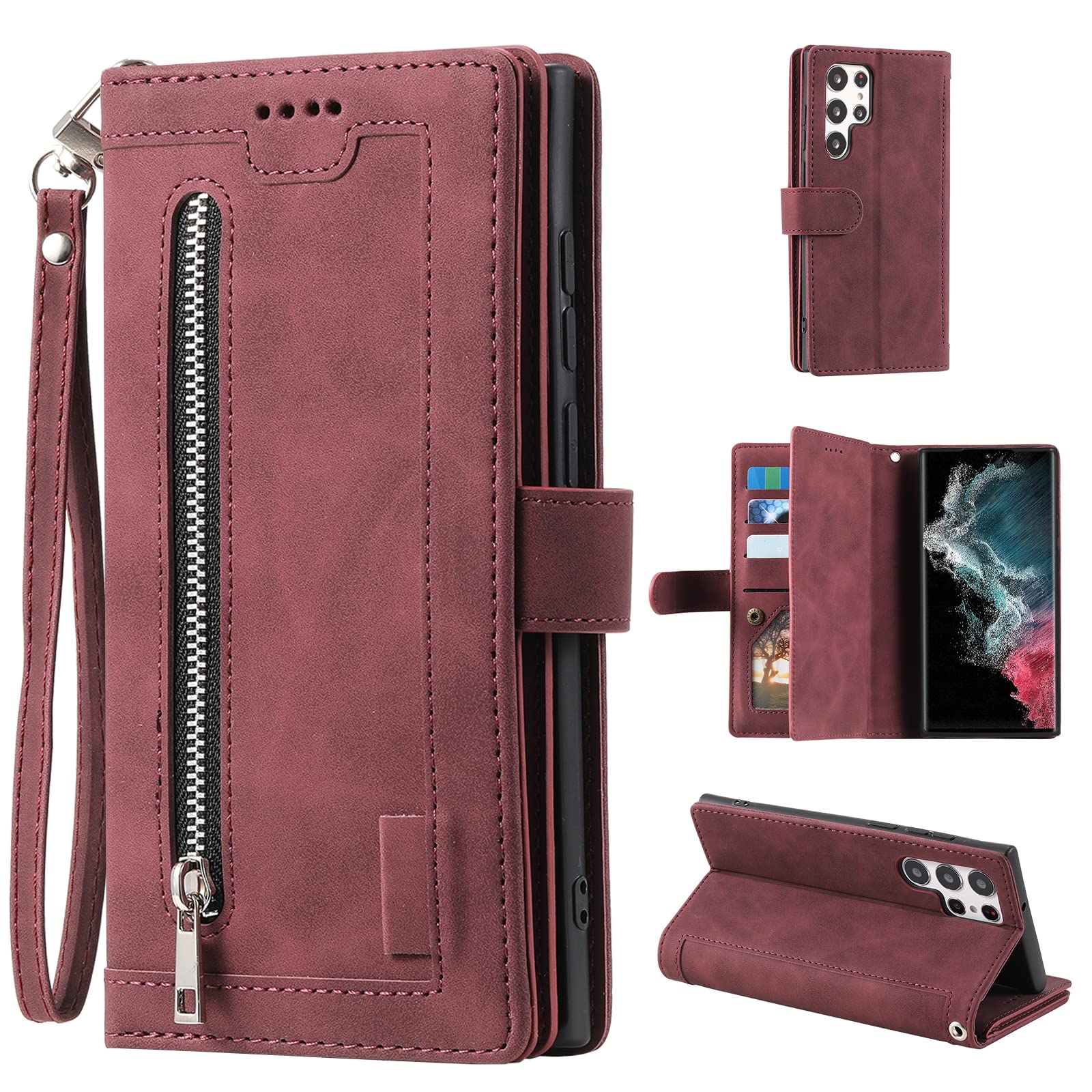 UEEBAIUEEBAI Custodia for Samsung Galaxy S22 Ultra 5G, Portafoglio in Pelle Retro Antiurto Flip Cover Antiurto Con Slot per Schede Funzione Stand Chiusura Magnetica – Red