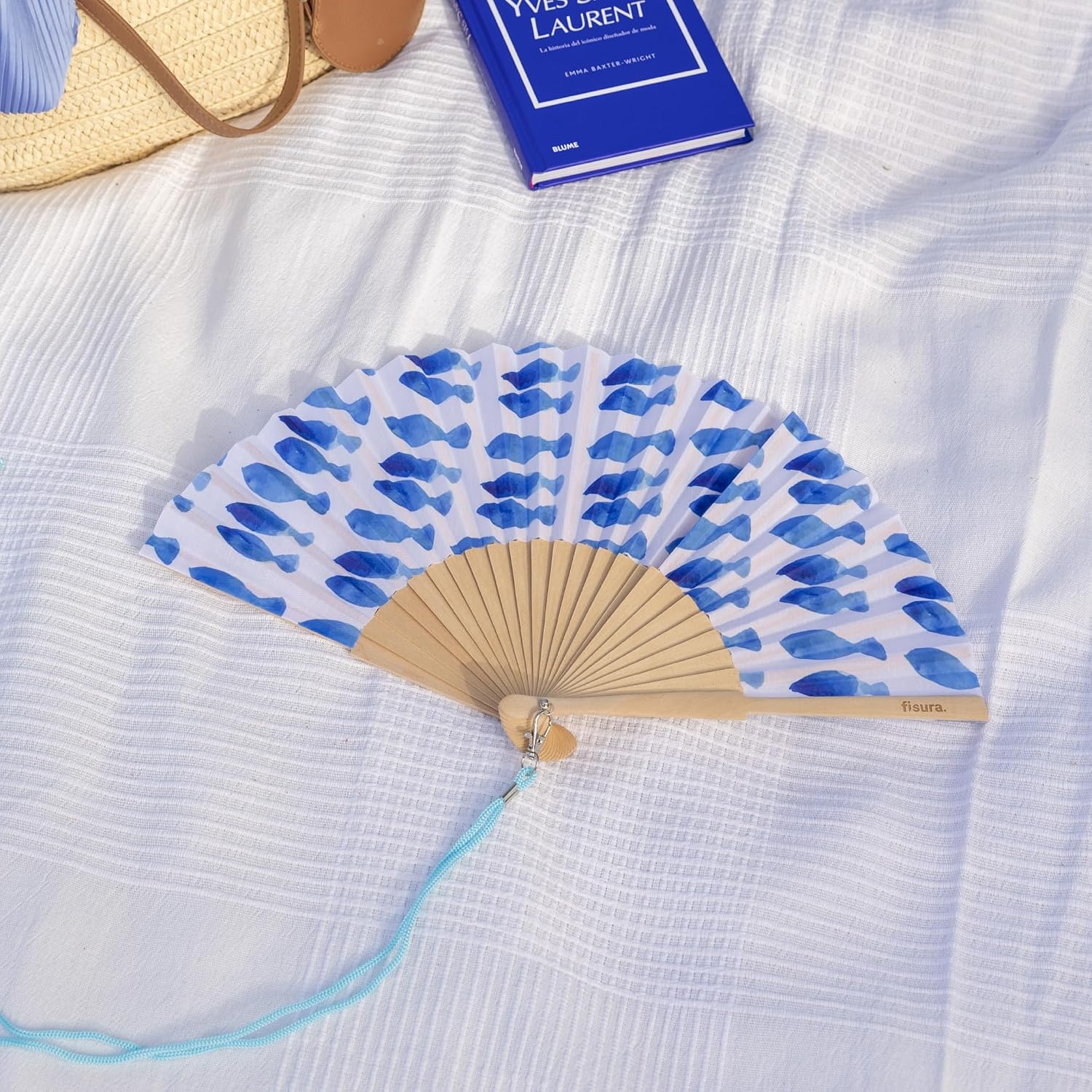 Fisura – Original Folding Fan with Fish Print. Modern and Colorful Wooden Folding Fan. Blue & White Folding Fan. Includes Strap. Fun Gift idea. 16.7 x 9 in. image 5