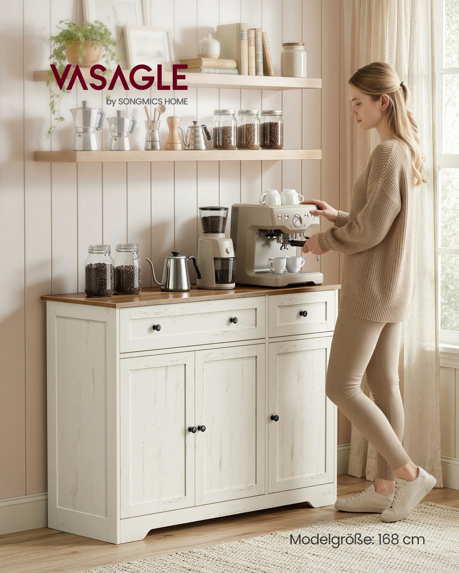 VASAGLE Siren Kollektion - Aufbewahrungsschrank, Küchenschrank im Landhausstil, Sideboard, 2 Schubladen, verstellbare Ablagen, 3 Türen, Kaffeebar, 40 x 106,8 x 80 cm, vintageweiß LSC531WJ01