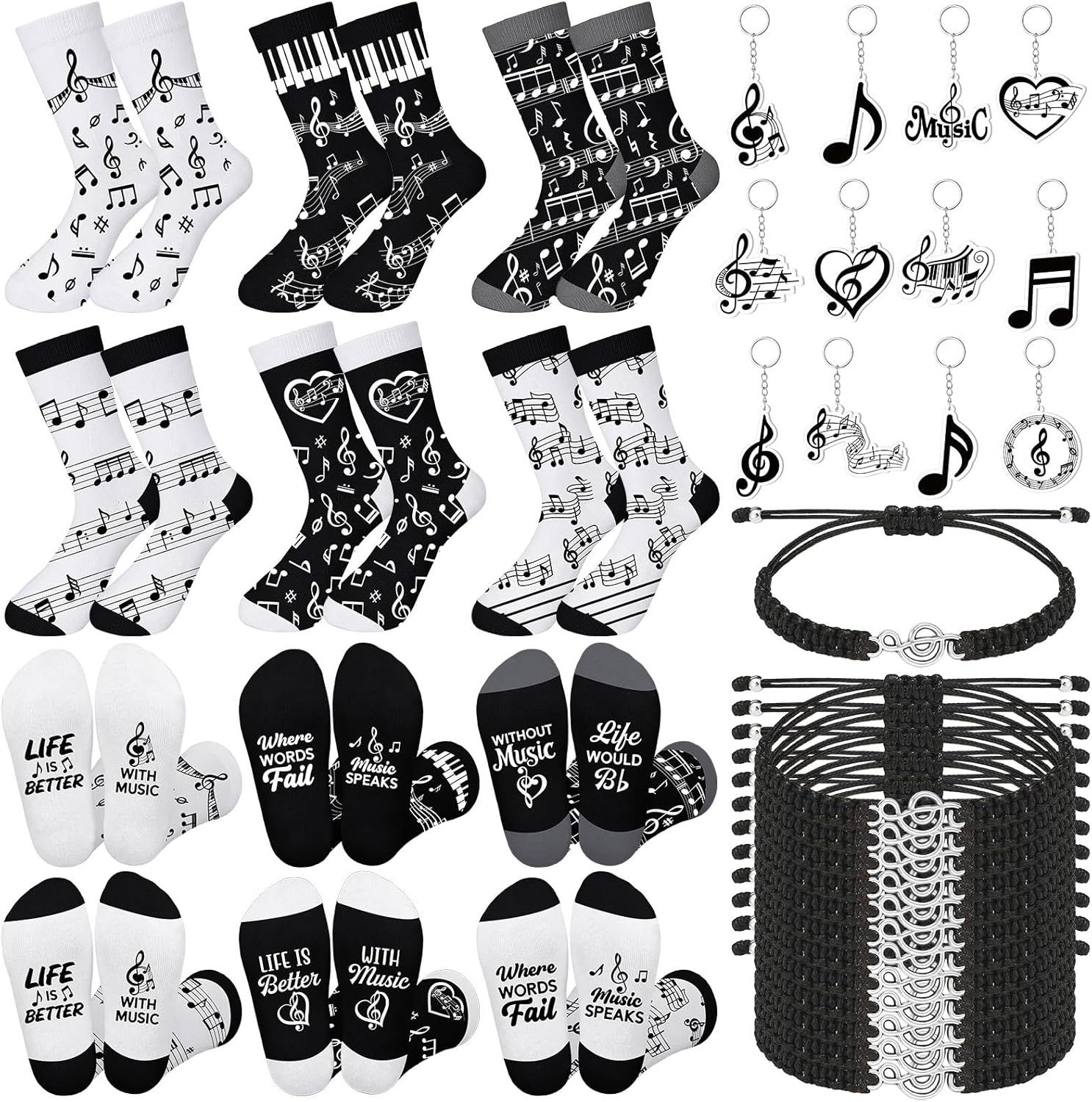 Skicuff 36 Pcs Music Gifts for Teacher Music Party Favors Bulk 12 Pairs Musical Note Gifts Socks 12 Bracelets 12 Keychains for Musical Theme Party Supplies Decorations Band Choir Musician Adults