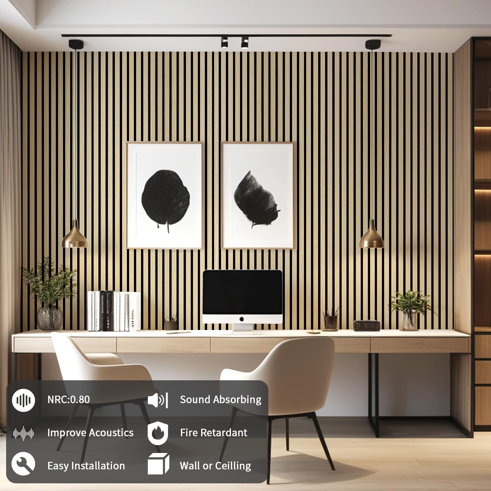 AMZDEPOT Panel ścienny z drewna, 112 x 61 cm, panele drewniane na ścianę, dźwiękoszczelne panele ścienne 3D, duże panele akustyczne do wnętrz, sufitu i ściany, redukcja hałasu, 2 sztuki, dąb