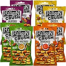 Huligan Pretzels Pieces Multipack Crisps 65g x Pack of 8 - Baked Pretzel Thins Savoury Snacks Bulk Healthy Vegetarian Snack Box Honey Mustard, Sriracha Sauce, Cheese, Jalepenos Crisps Multipack