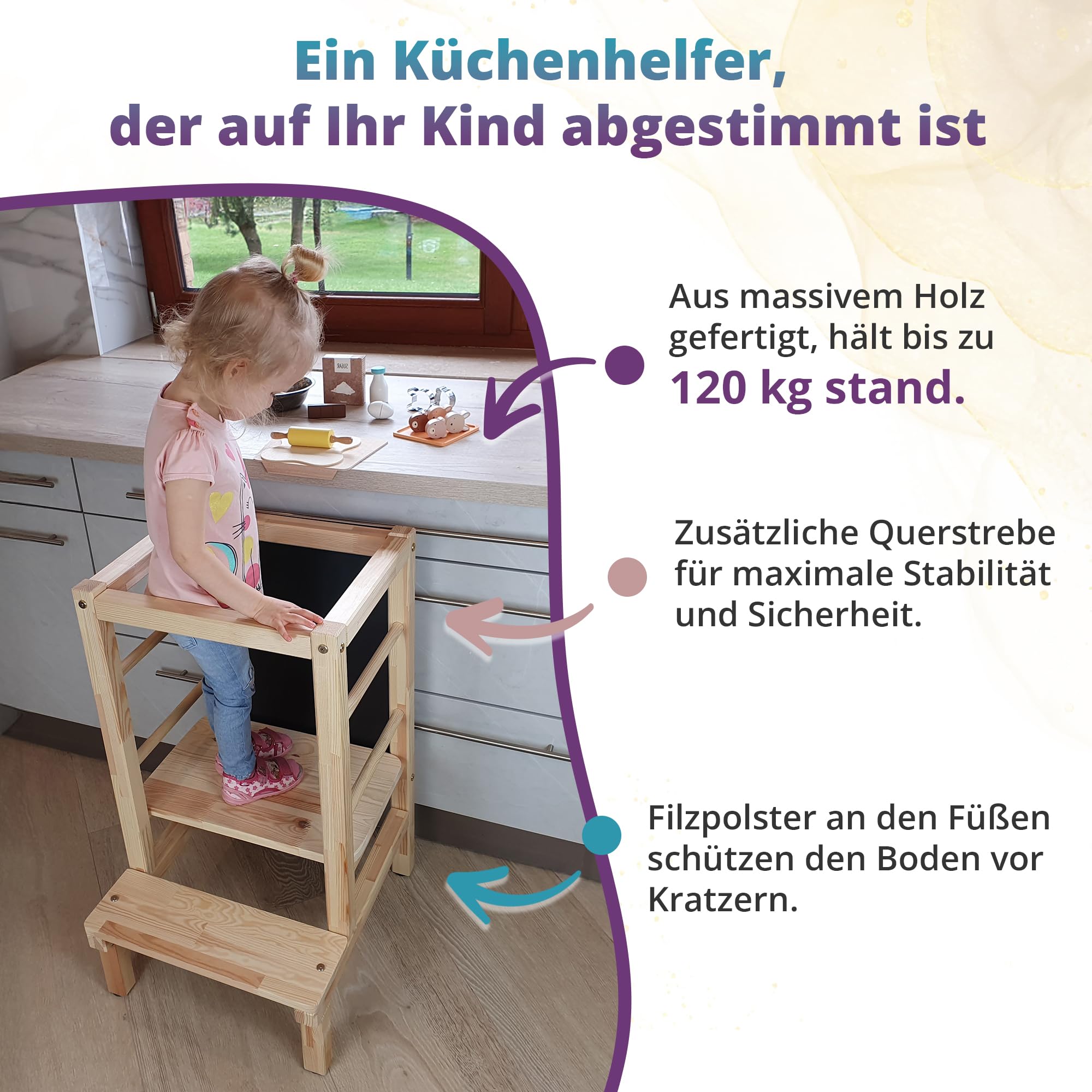 Lernturm Holz, Küchenhelfer für Kinder, Tritthocker Kinder, Trittschemel, Learning Tower, Höhenverstellbar, Massives Kiefernholz, Leicht und Mobil - 45x56x80 cm