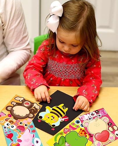 Miniatura 7 de 60 hojas de calcomanías de San Valentín para niños, Make-A-DogCatMonsterUnicornBearFrog Face Sticker- Regalos para el día de San Valentín, bolsas de