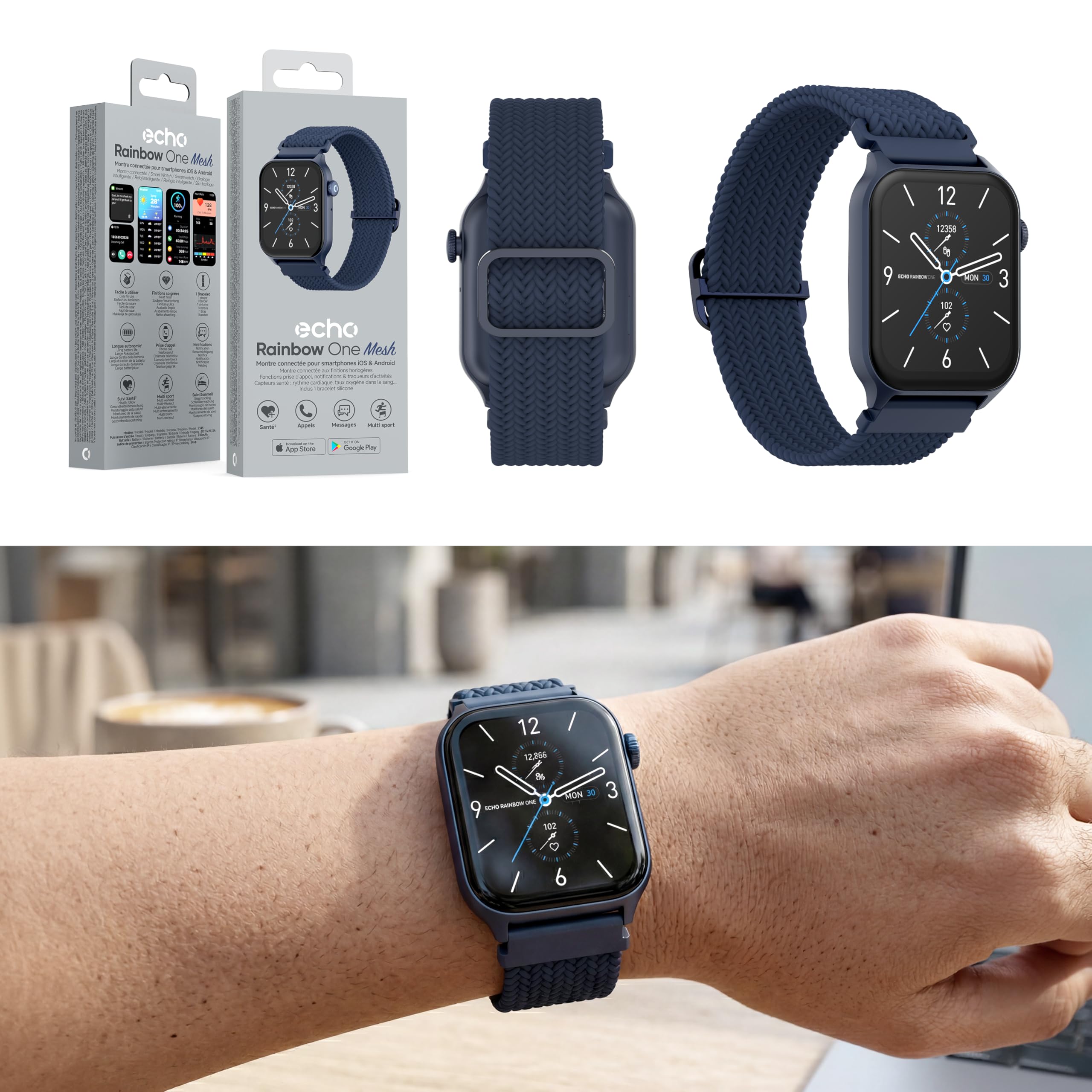 ECHO Rainbow One Mesh Montre Connectée Femme Homme 2.01", Montre Sport Bleu | Bracelet Nylon, Légère, Écran Amoled, Étanche IP68, Autonomie 5 jours, Appel Bluetooth, Android, IOS, Capteurs Santé, Sommeil