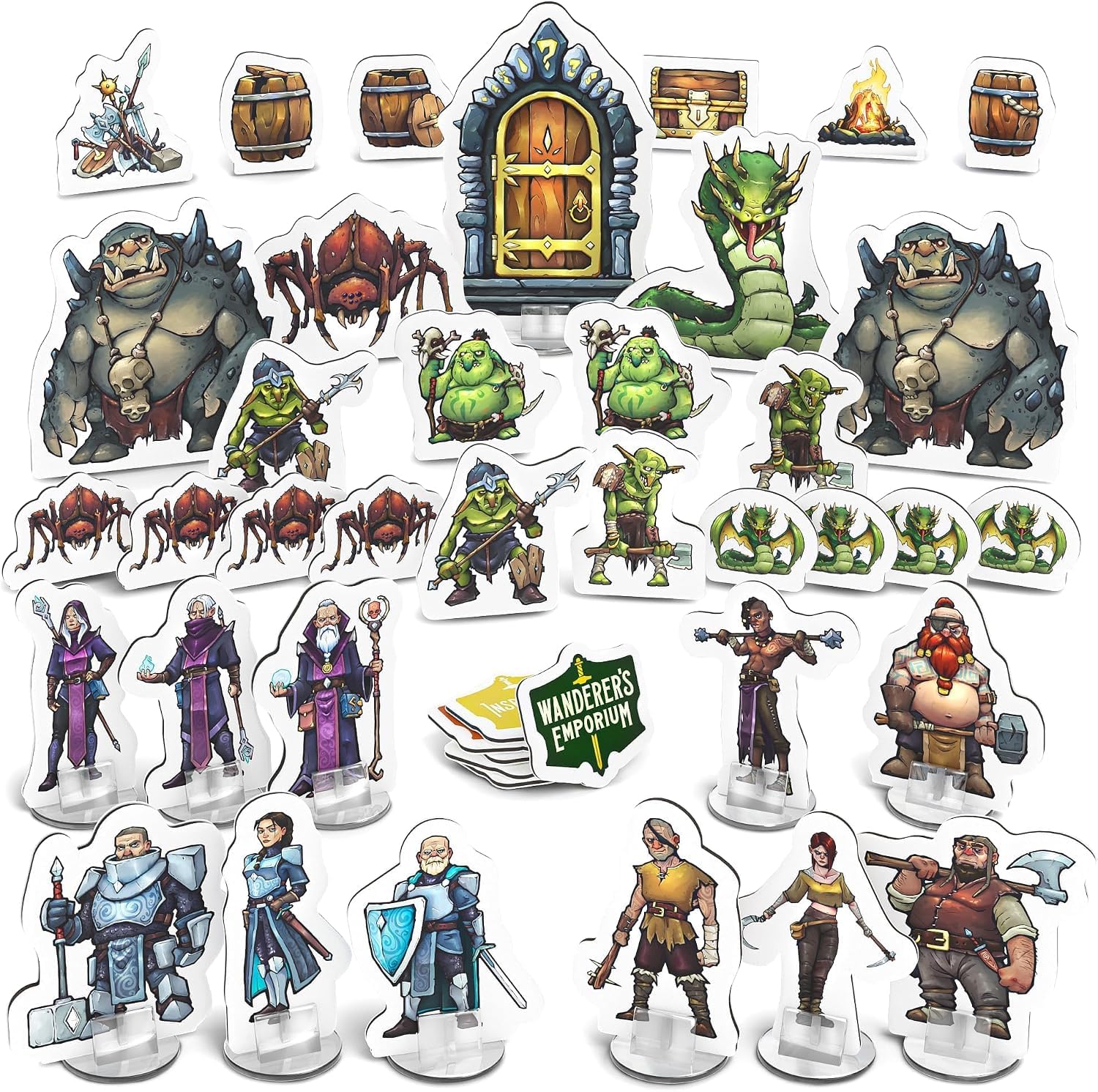 Lot de 36 figurines DND plates de qualité supérieure avec bases | Ensemble de démarrage Donjons et Dragons 5e, Pathfinder, TTRPG, pions, standees, jetons (pack essentiel, 36
