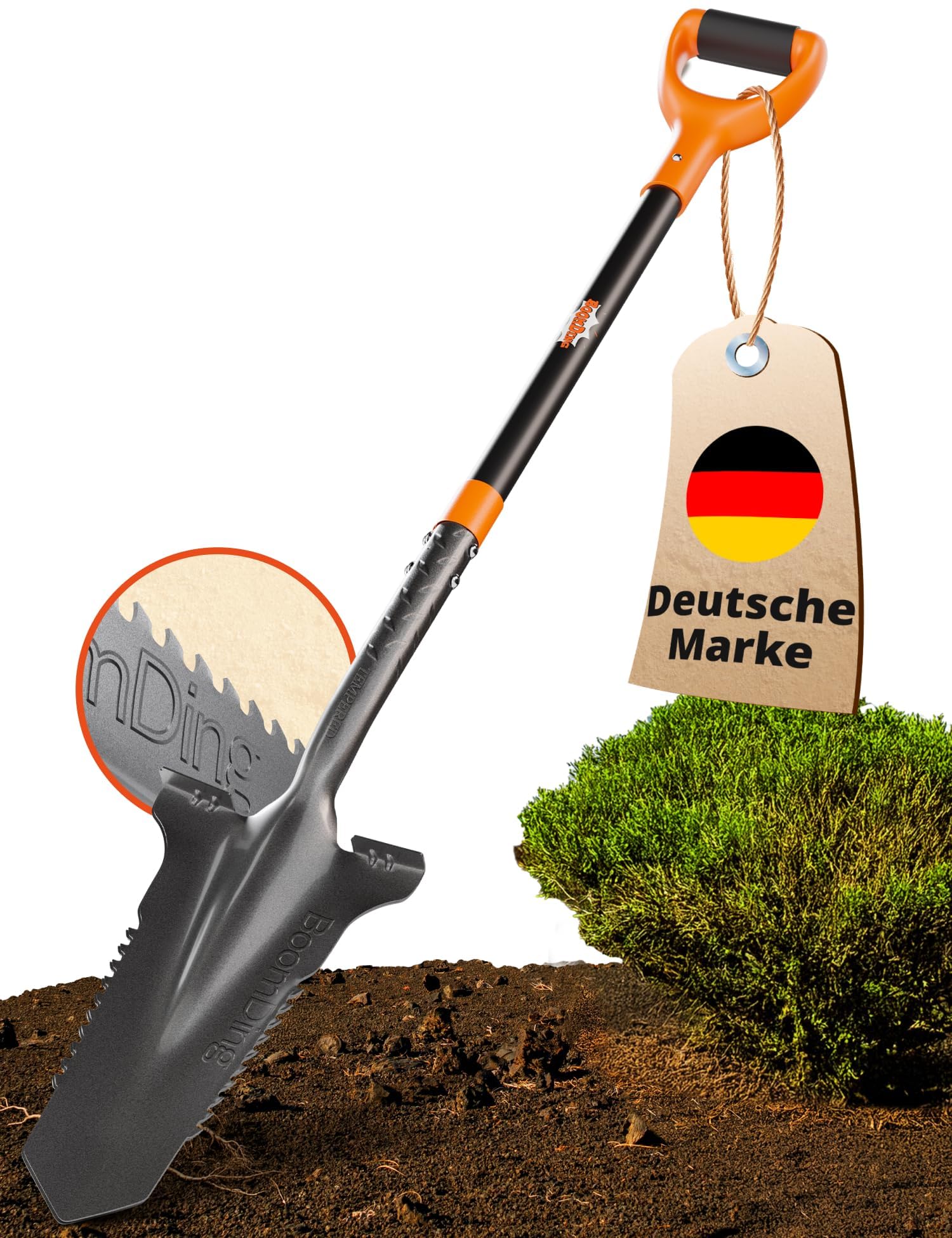 Der stabile Spaten mit Wurzelsäge | Wurzelspaten für das einfache Graben im Garten | Schaufel Garten mit ergonomischem Griff und breiter Trittkante | Gärtnerspaten mit Säge für Harte Böden