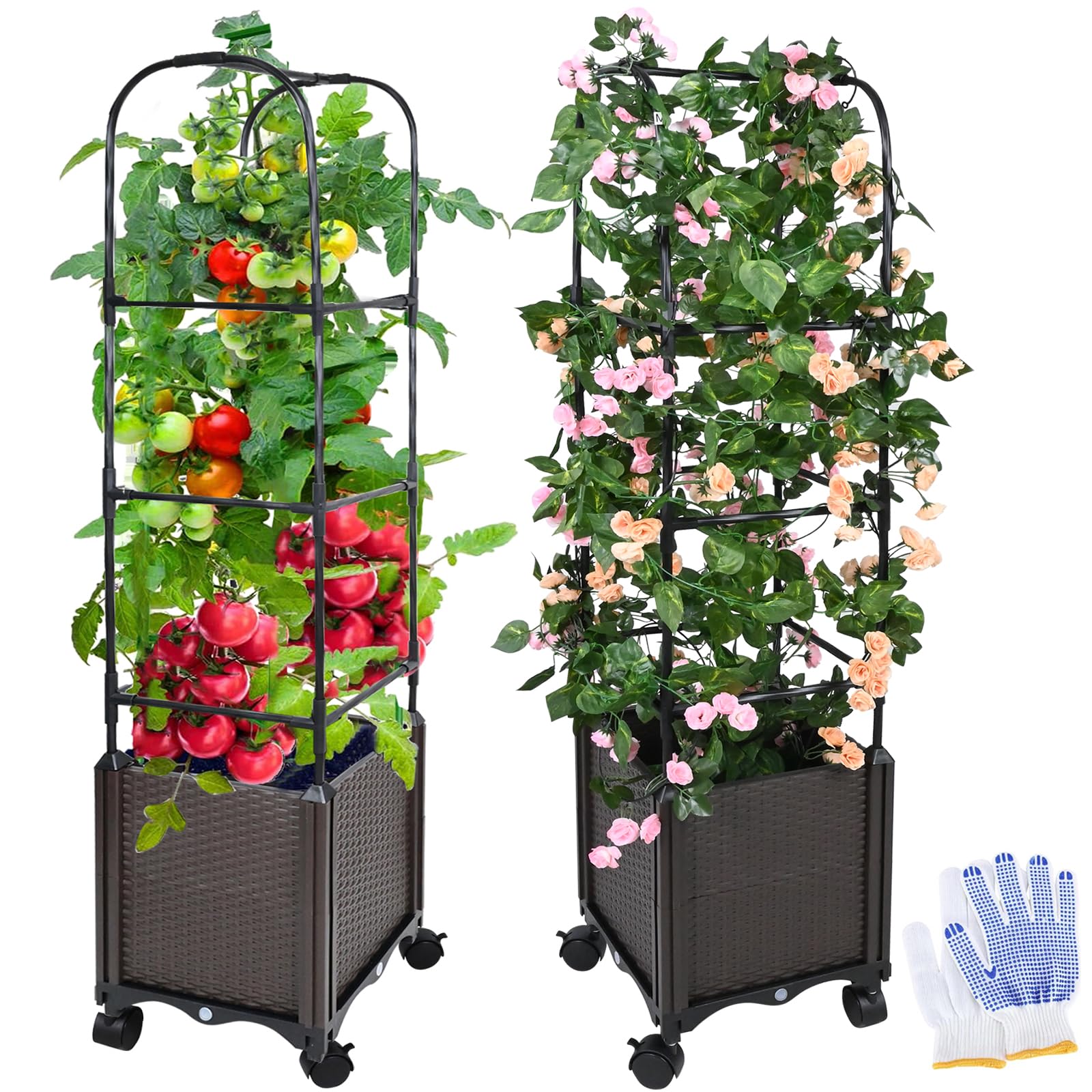 Raised Garden Bed Planter Box with Trellis, 51” Self-Watering Tomato Planter Boxes with Wheels for Climbing Plants, Tomato Cage for Patio Greenhouse Gardening Indoor Outdoor? 2 Pack