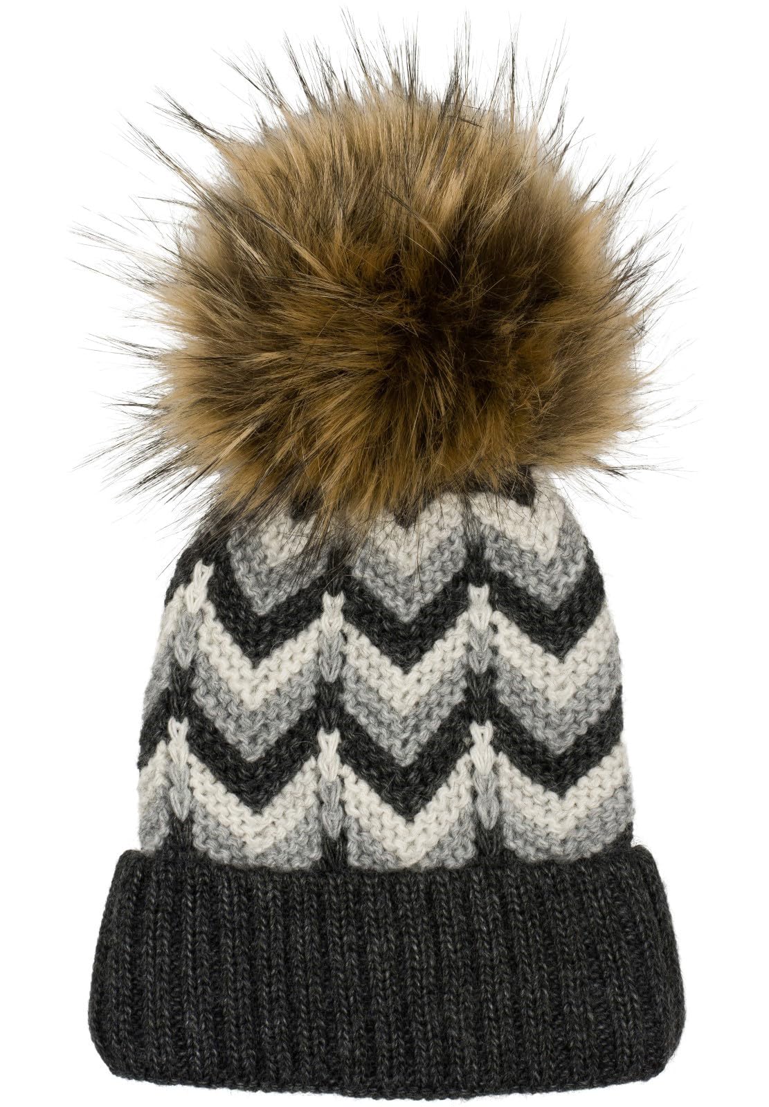Stylebreaker Women's Darkgrey-Grey-White Knitted Pom Pom Hat With Zig-Zag Pattern And Fleece Lining, Winter Fur Pom Pom Hat, Knitted Hat 04024188, Colour: