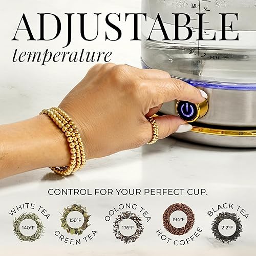 Miniatura 5 de Hervidor eléctrico de vidrio, sin plástico, acero inoxidable, apagado automático y función de mantener el calor, tetera negra y dorada con control