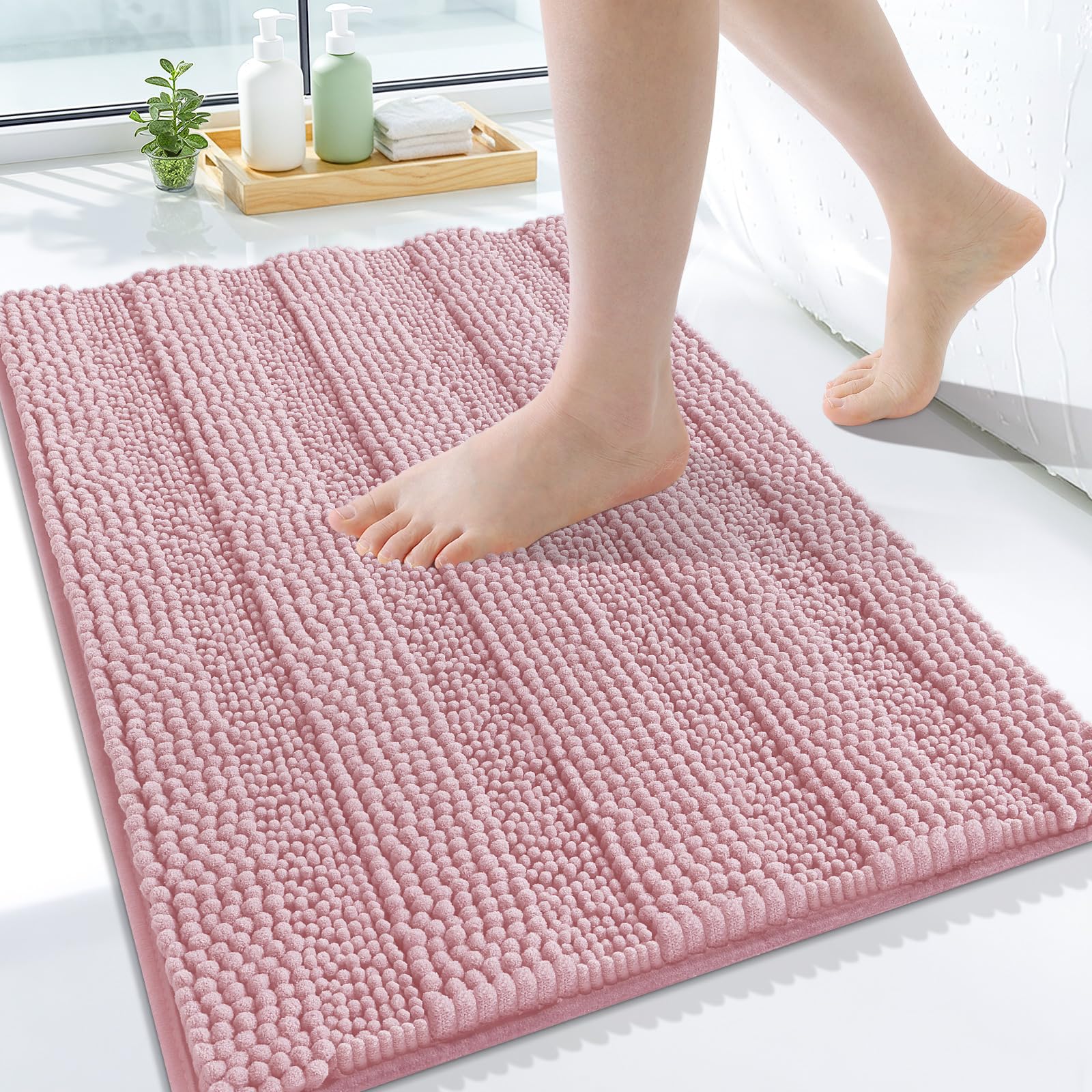 Grandaily Chenille Bathroom Rugs 24x16, Soft Bath Mats, Dusty Rose