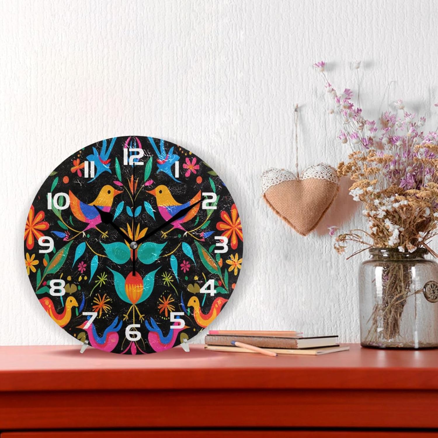 xigua Mexican Flower Pattern Wall Clock, Silent Non Ticking 10 Inch Battery Operated Wall Clocks, Easy to Read Clock for Home Kitchen Living Room Bathroom Office Decor