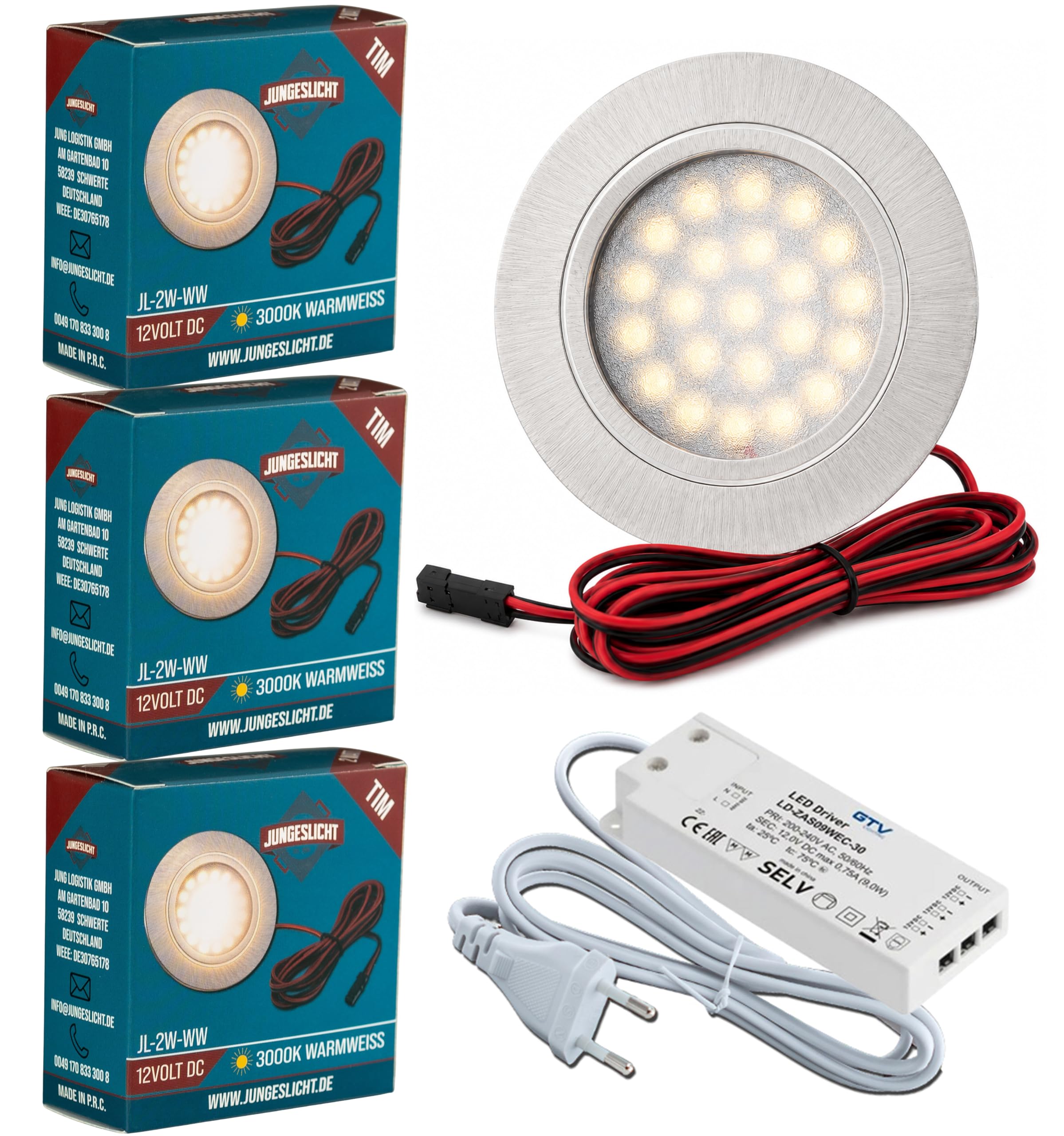 JungesLicht 3 x Set de LED meuble plat - Spot encastré Tim 2 Watt 12 V - Blanc chaud + transformateur LED 15 W + Distributeur AMP