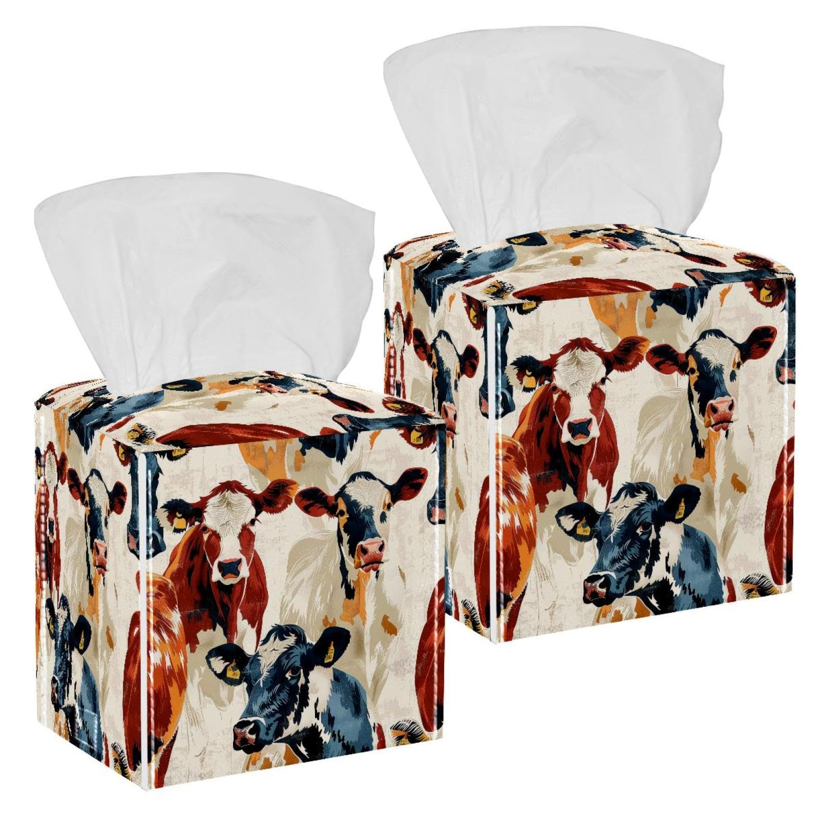 Farmhouse Cow Aesthetic Pattern Tissue Box Cover, 2 Pack PU Leather Square Facial Tissue Dispenser Box holder for Home Office Car