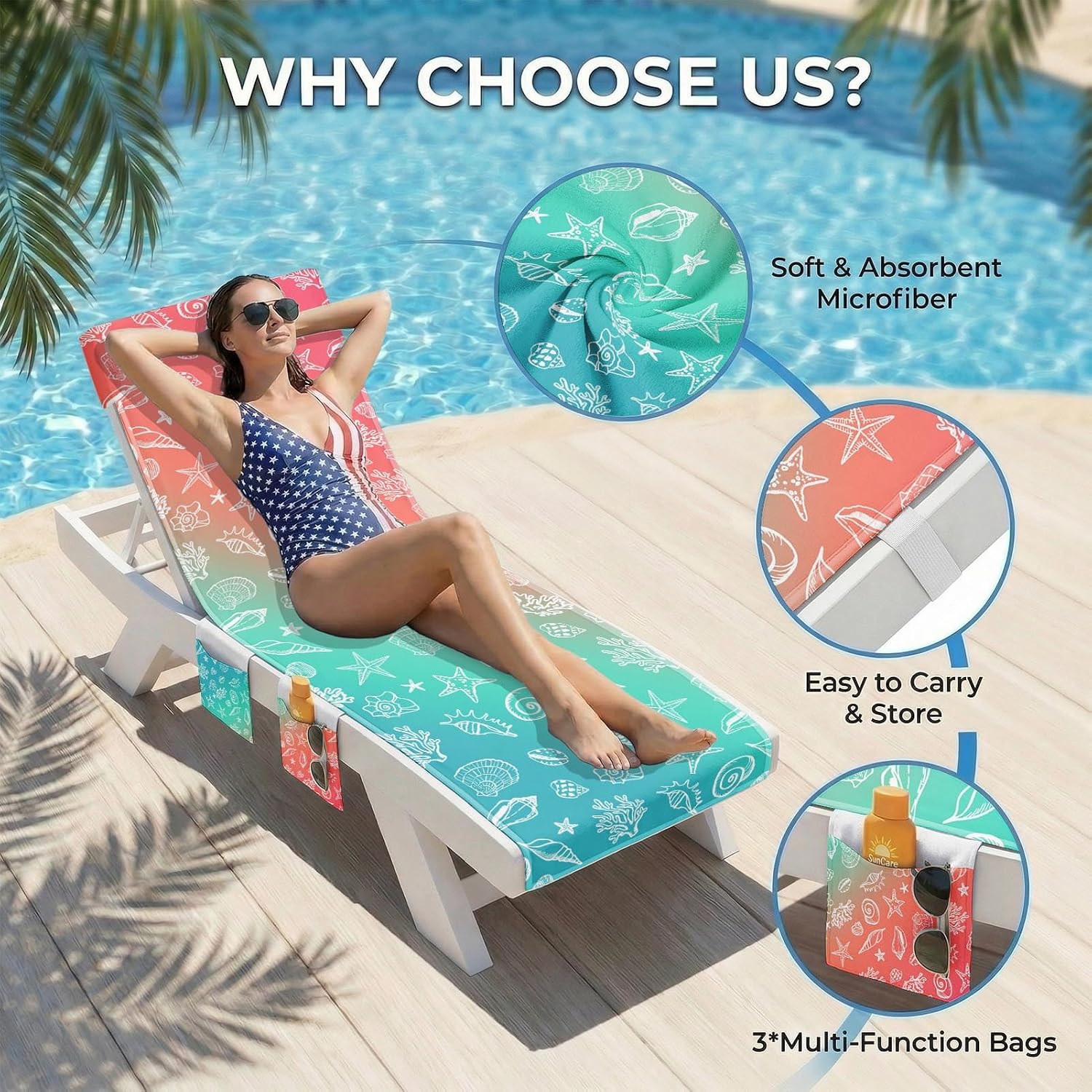 Lounge Chaise Chair Towel Covers (Pack of 2), Beach Chair Cover with 3 Pockets for Pool Outdoor Beach Garden Patio Trips,85 X30 in (Shell)