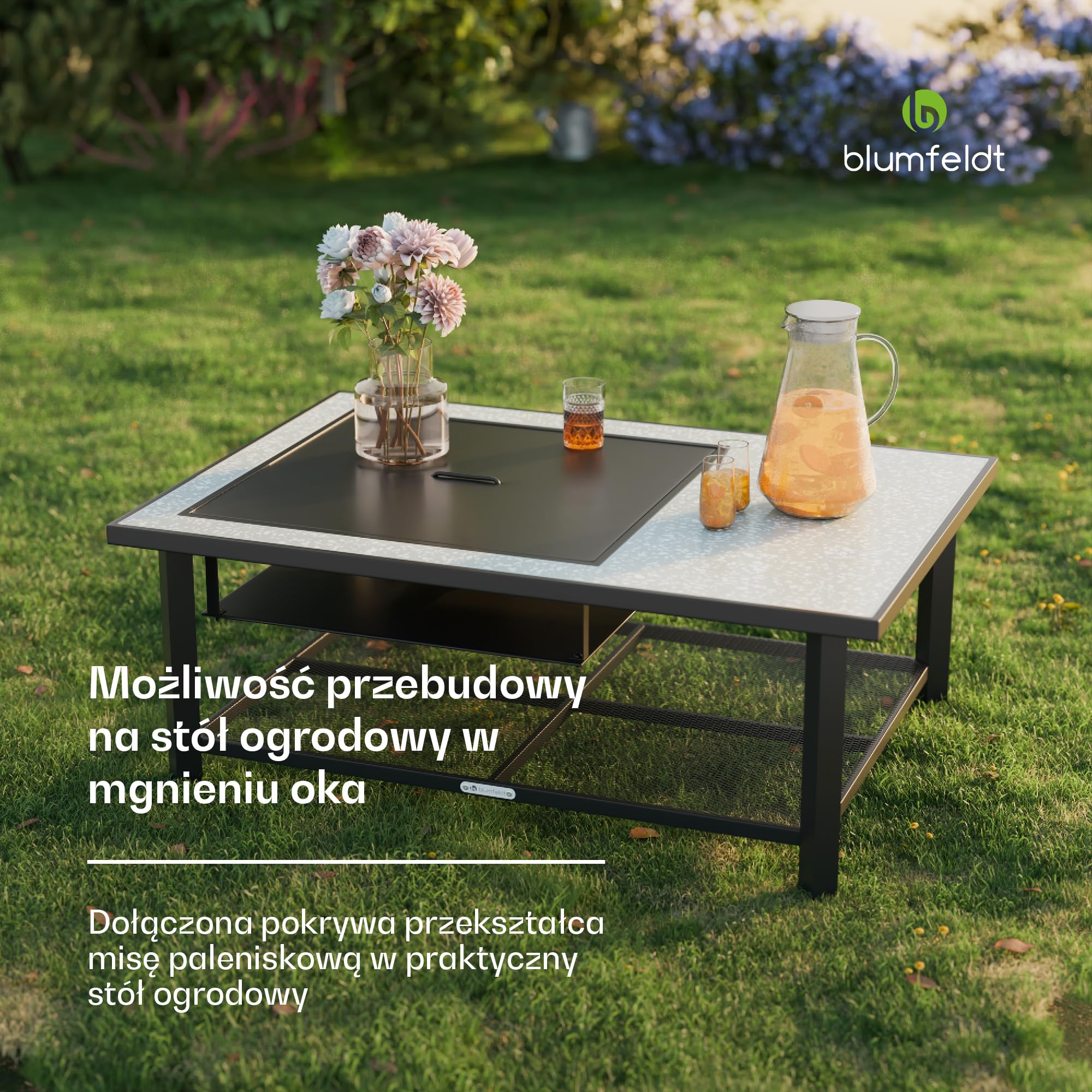 Blumfeldt Merano Avanzato L palenisko 3 w 1 z rusztem do grillowania i stołem, wytrzymała rama stalowa, blat stołu z terrazzo, w zestawie ochrona przed iskrami, pogrzebaczem i pokrywą, do ogrodu i na