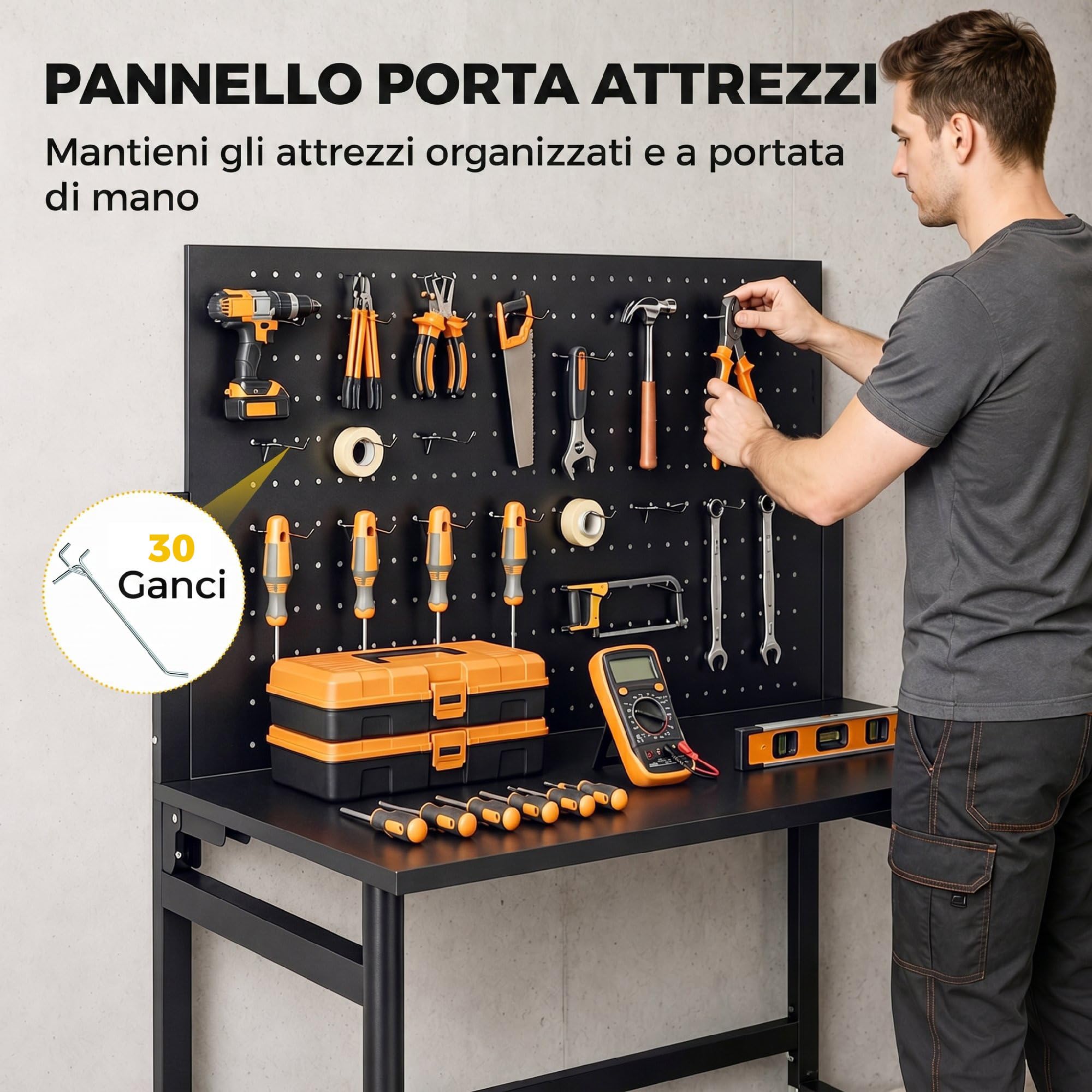 HOMCOM Banco da Lavoro Pieghevole 9cm, Tavolo da Lavoro con Pannello Forato e 30 Ganci, Ruote, 115x62x143.5cm, Piano Spesso in Legno, Struttura in Acciaio, Garage, Officina e Casa, Portata 120kg, Nero