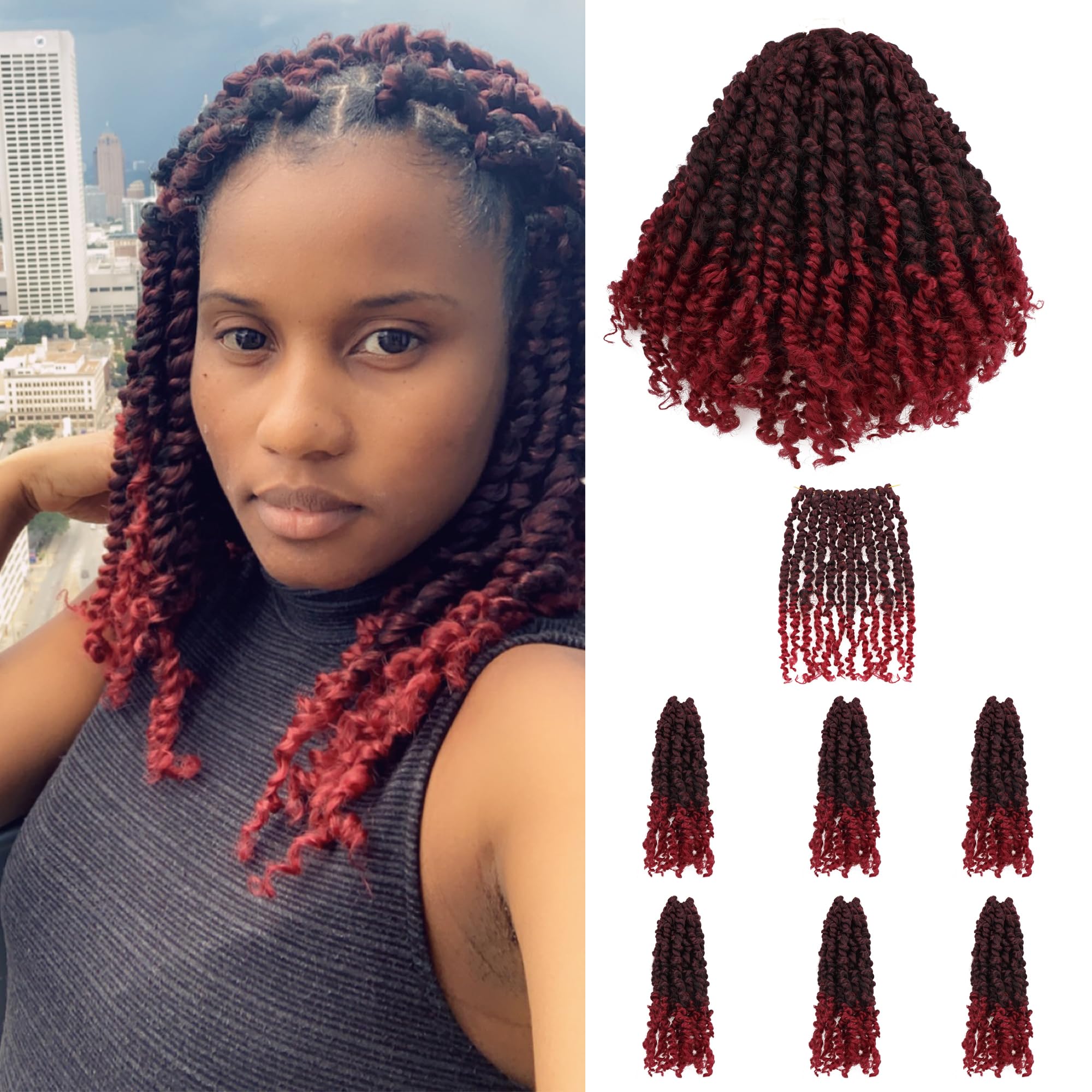 Pre-Twisted Passion Twist Crochet Hair for Black Women Passion Twist Hair Pre Looped Bohemian Braids 10 Inch 7 Packs Ombre Burgundy Short Bob Curly
