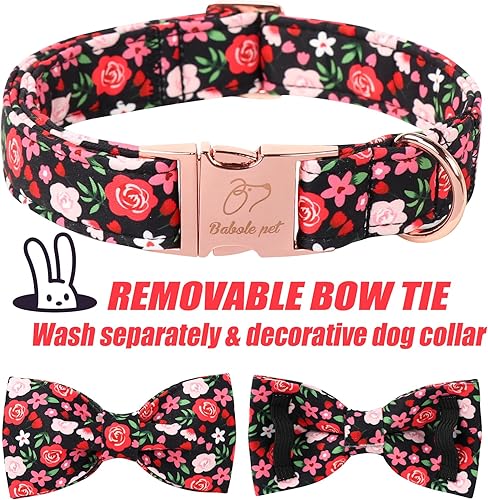 Miniatura 5 de Collar de perro floral con corbatín  Collar ajustable de flores negras con corbatín, transpirable, cómodo, collares de perro de primavera-verano