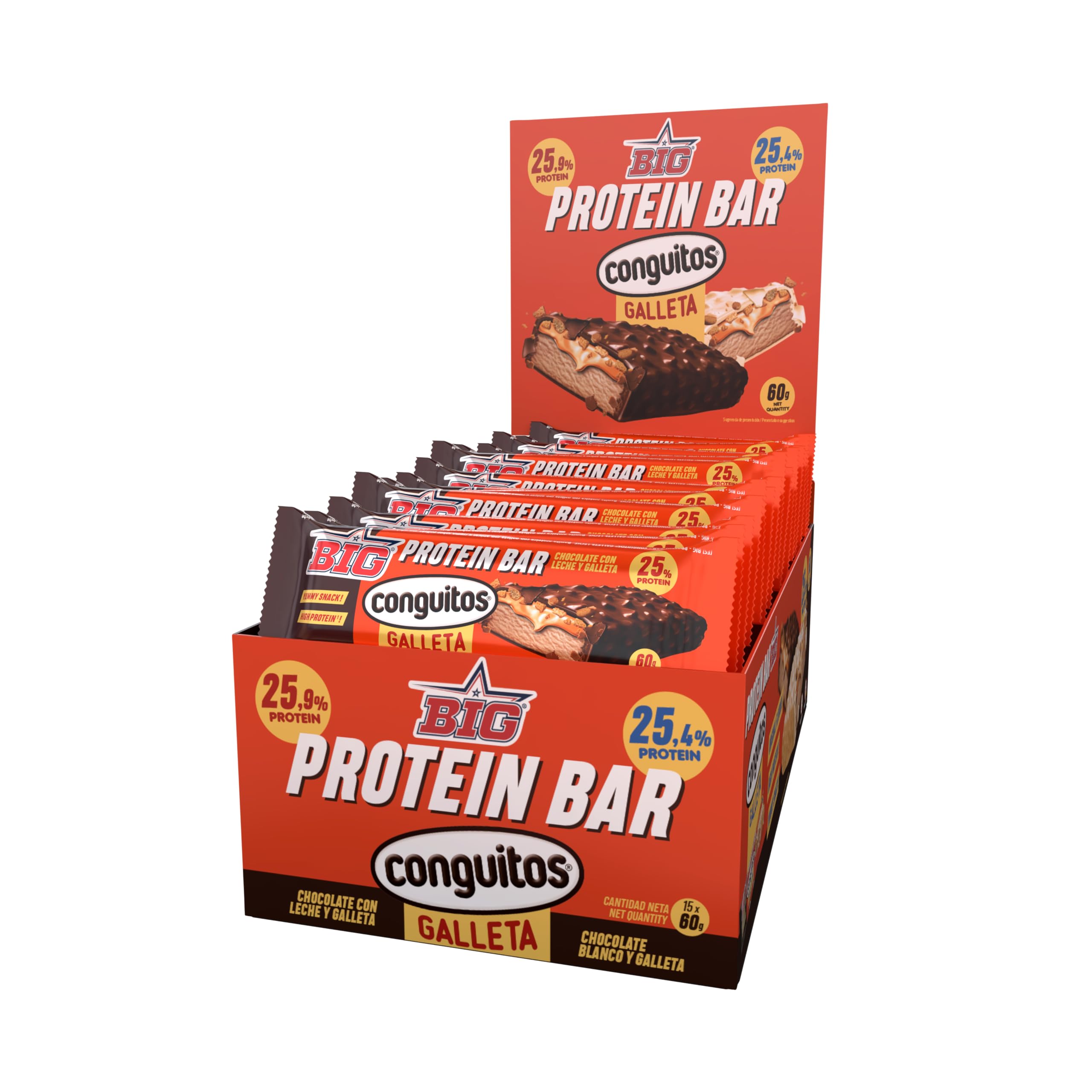 BIG - Barritas Proteina con Toppings de Conguitos Dark Galleta 25 gr Proteina por Barra - Pack 15 Barritas x 60 gr - Barras Alta en de Proteinas con Chocolate con Leche - Ideal para Dieta Deportiva