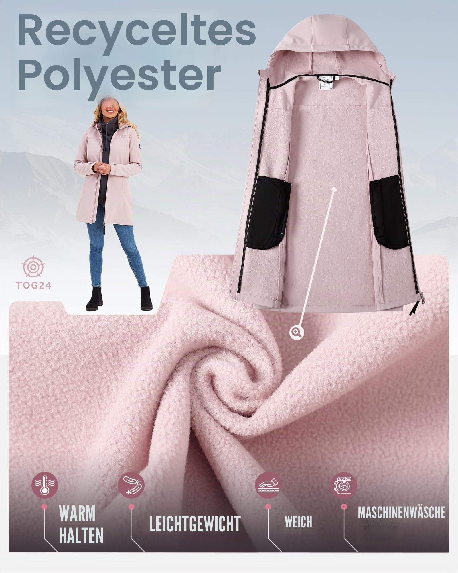 TOG24 Keld Damen Softshelljacke mit Kapuze Wasserabweisend Outdoor Lang Übergangsjacke Fleece Gefütterte Wanderjacke Atmungsaktiv Winterjacke Outdoorjacke