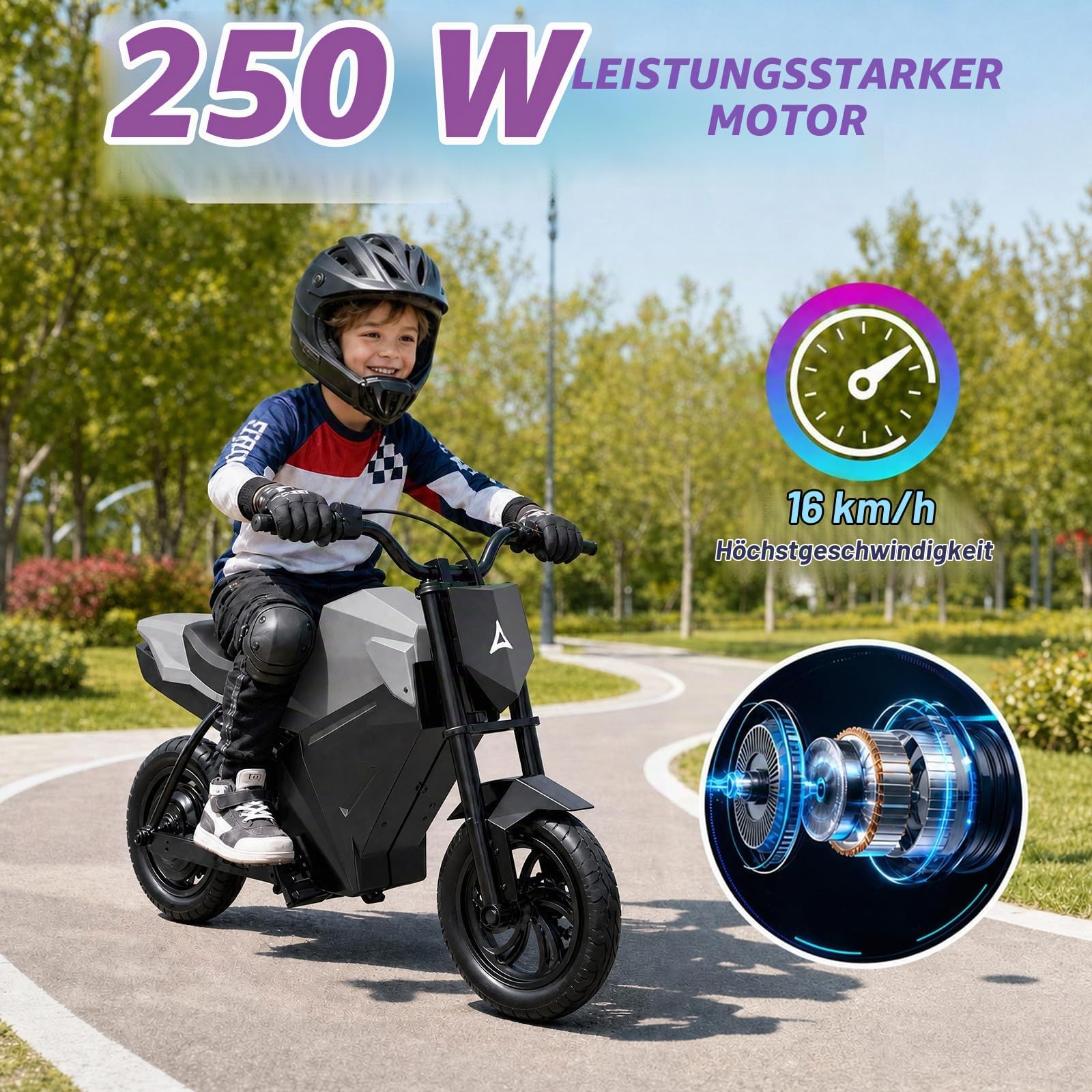 Moto elettrica per bambini, motore da 250 W, 21,6 V, 4 Ah (argento)