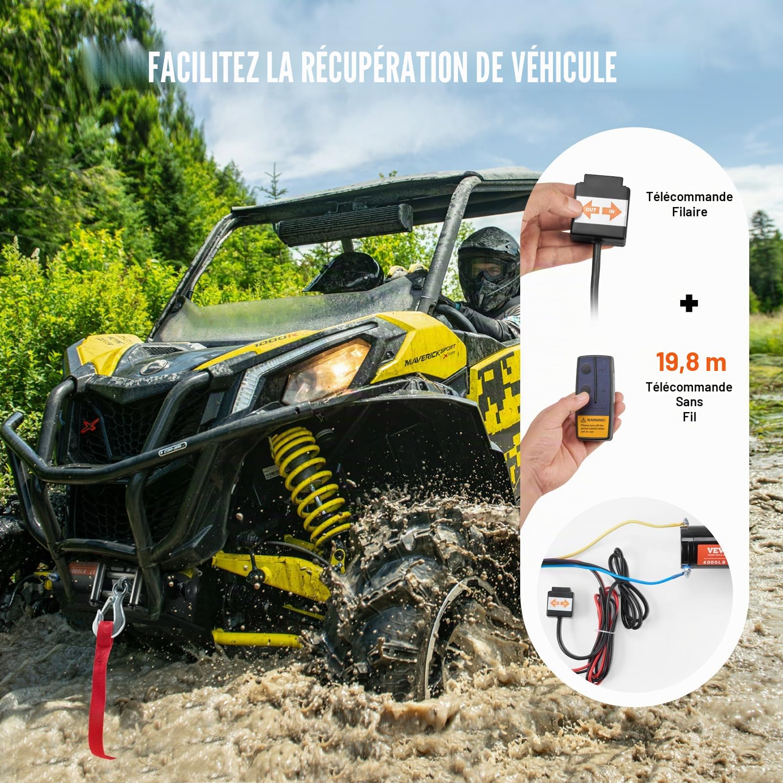 VEVOR Treuil Électrique VTT UTV Capacité de Traction 1814 kg 12 V CC avec Câble en Acier à 7 Brins Φ0,5 x 1188,7 cm, Télécommande Sans Fil et Filaire, Étanchéité IP55, Treuil pour Remorquage VTT UTV