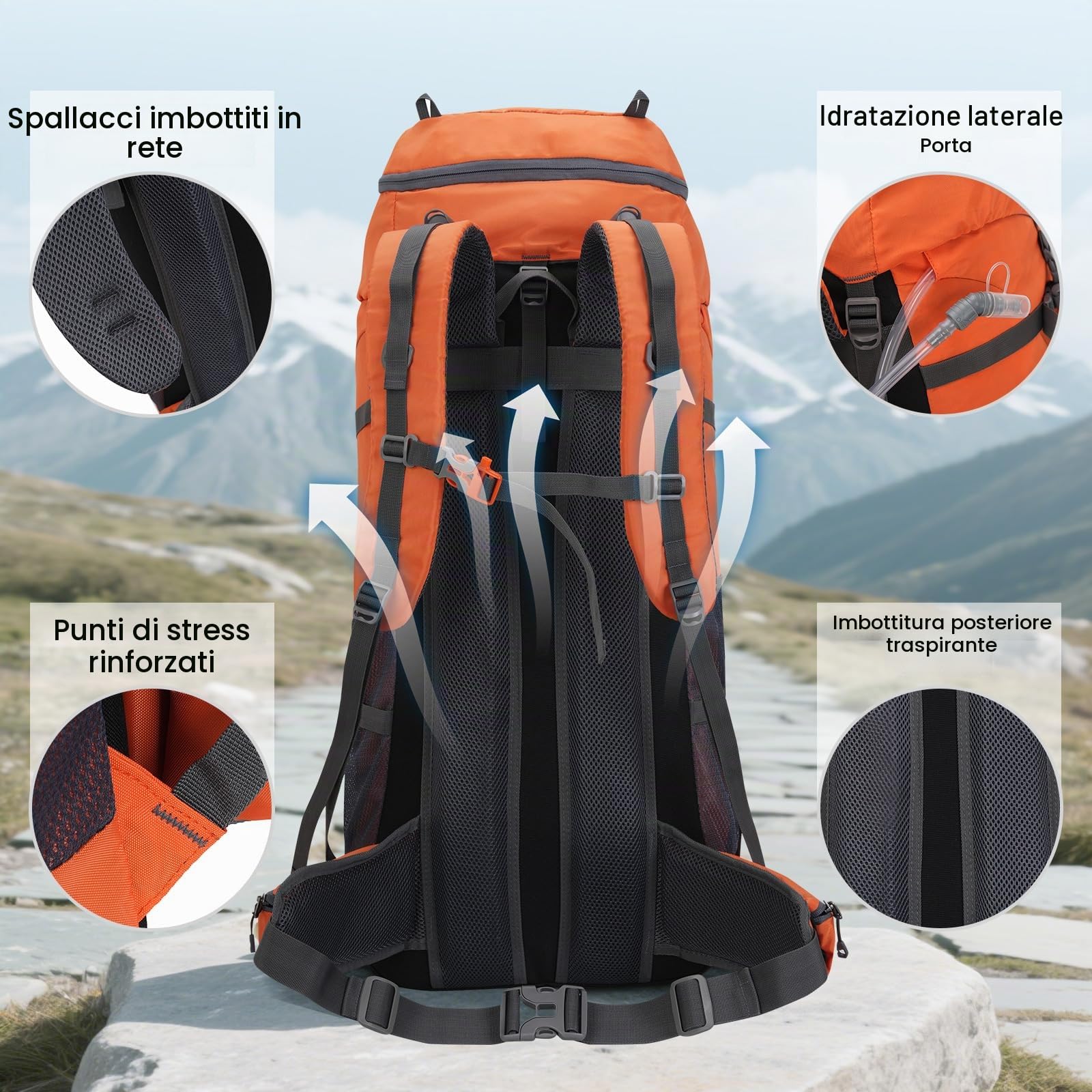 70L Zaino da Escursionismo con Copripioggia, Pacchetto da Viaggio e Campeggio per Sport all'Aria Aperta, Arrampicata, Touring ed Escursionismo, Bagaglio da Zaino per Uomini e Donne (Arancione)